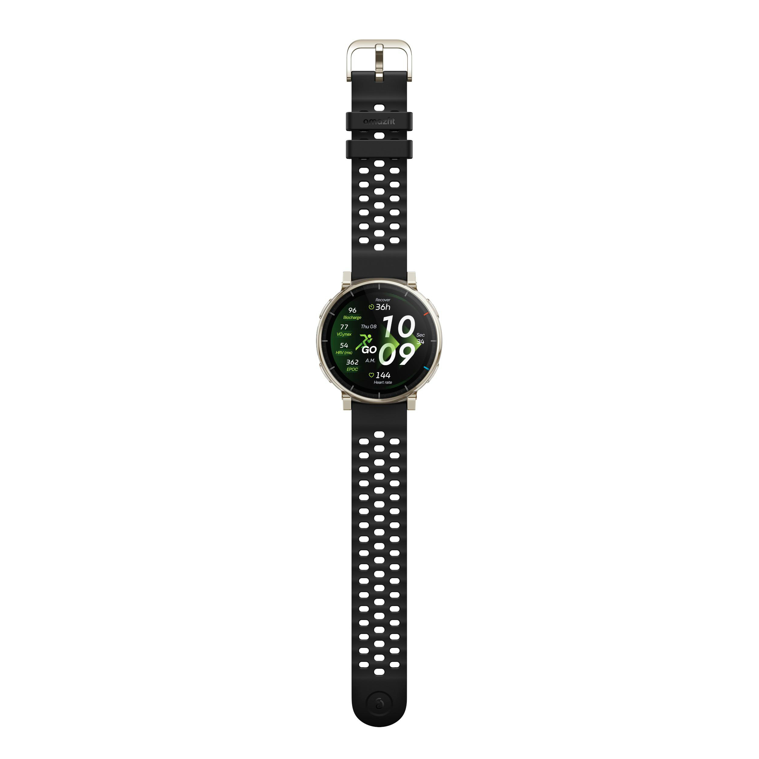 Eine silberne Smartwatch mit schwarzem perforiertem Armband zeigt Fitnessdaten an.