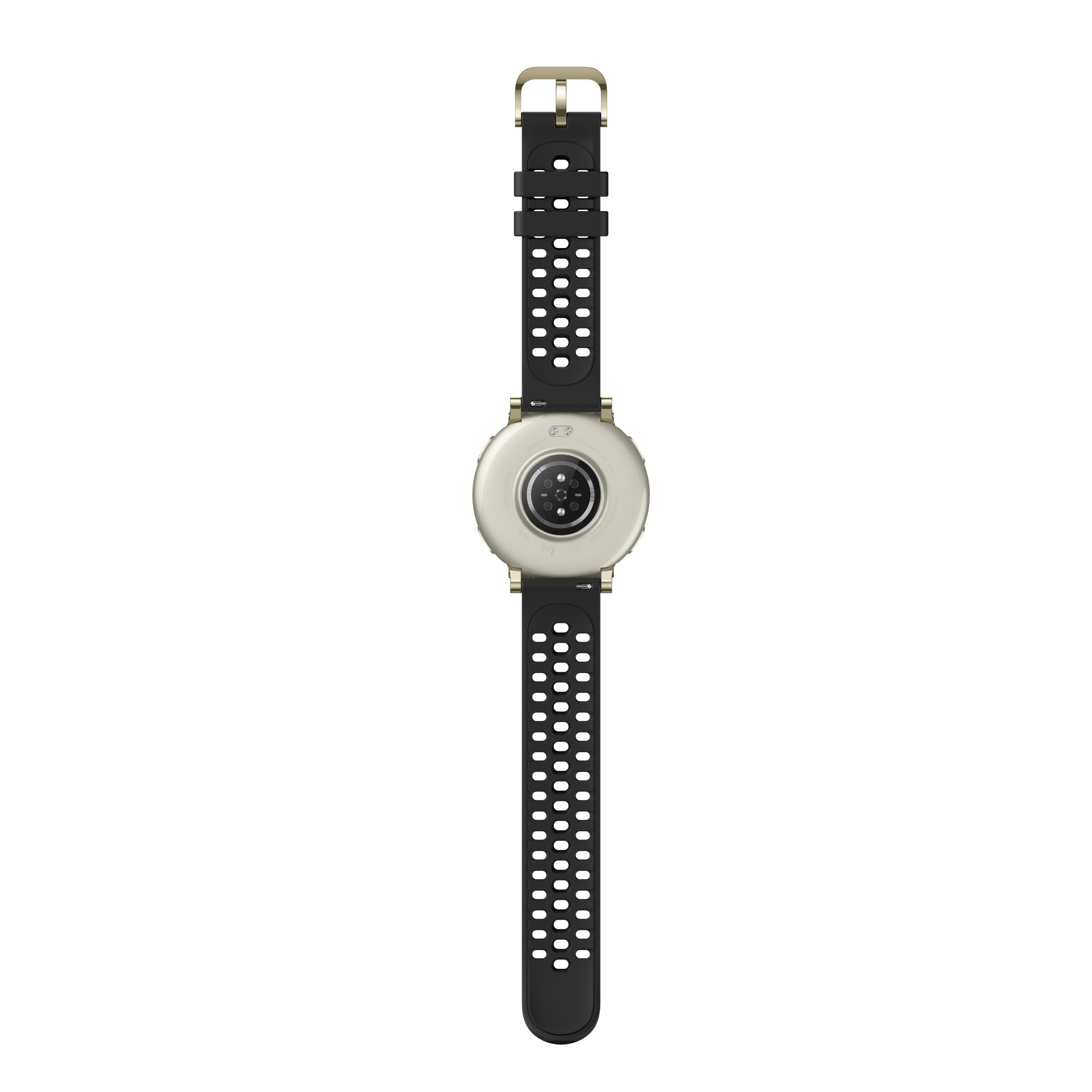 Eine goldene Schnalle befestigt ein schwarzes Armband mit Perforationen an einer runden, cremefarbenen Uhr.