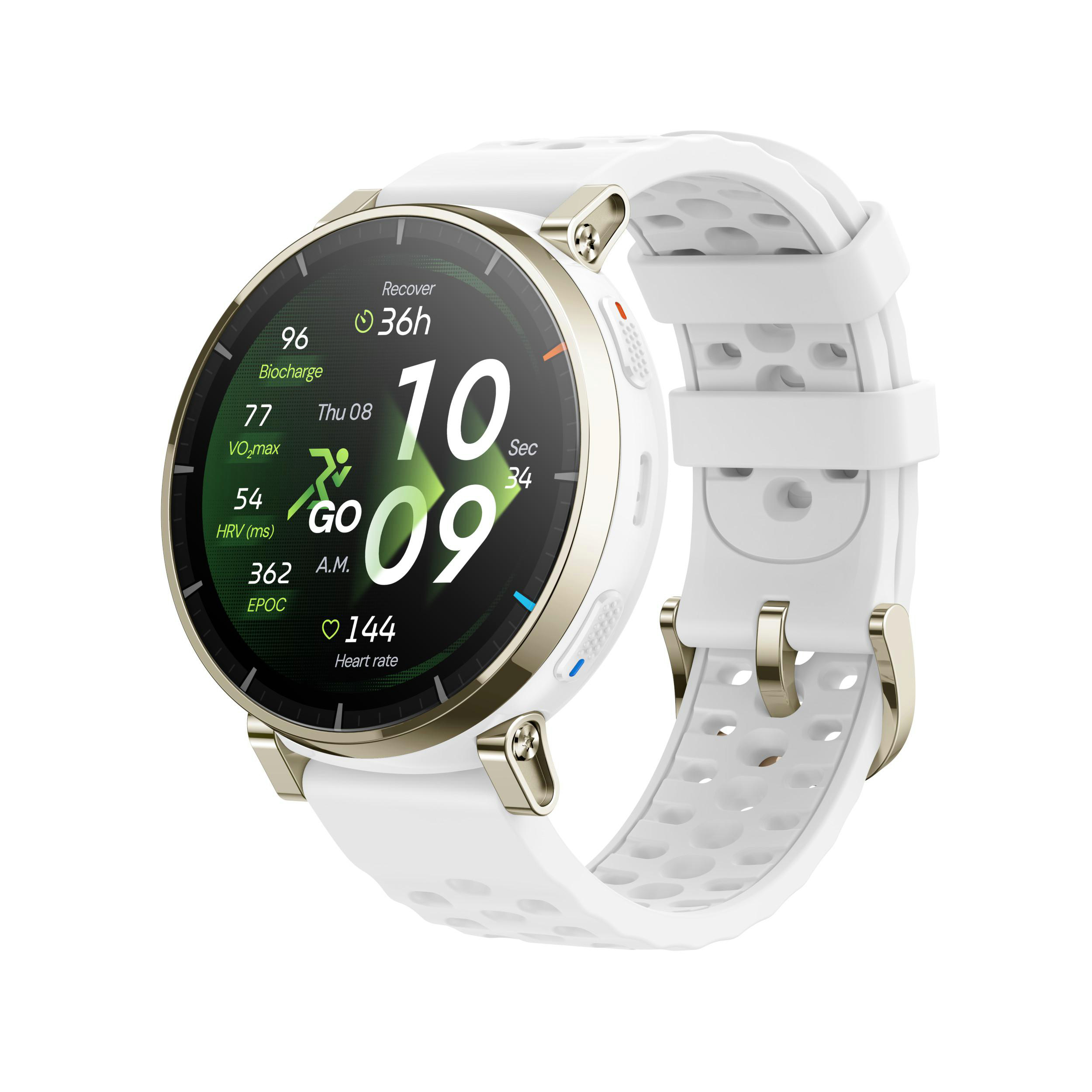 Weiße Smartwatch mit goldenem Ring und Sportdaten auf dem Display.