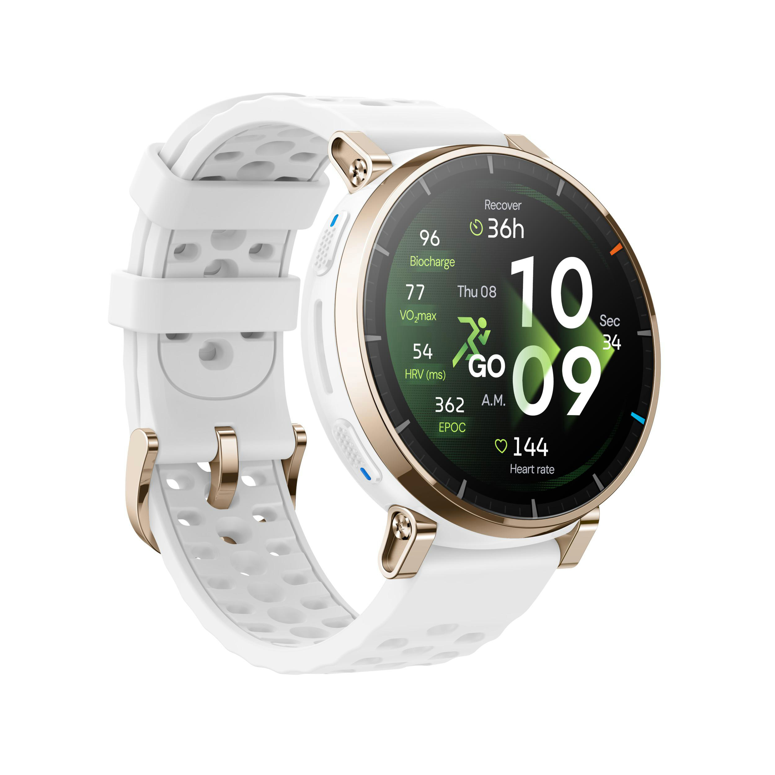 Eine weiße Smartwatch mit goldenen Akzenten und einem grünen Display.