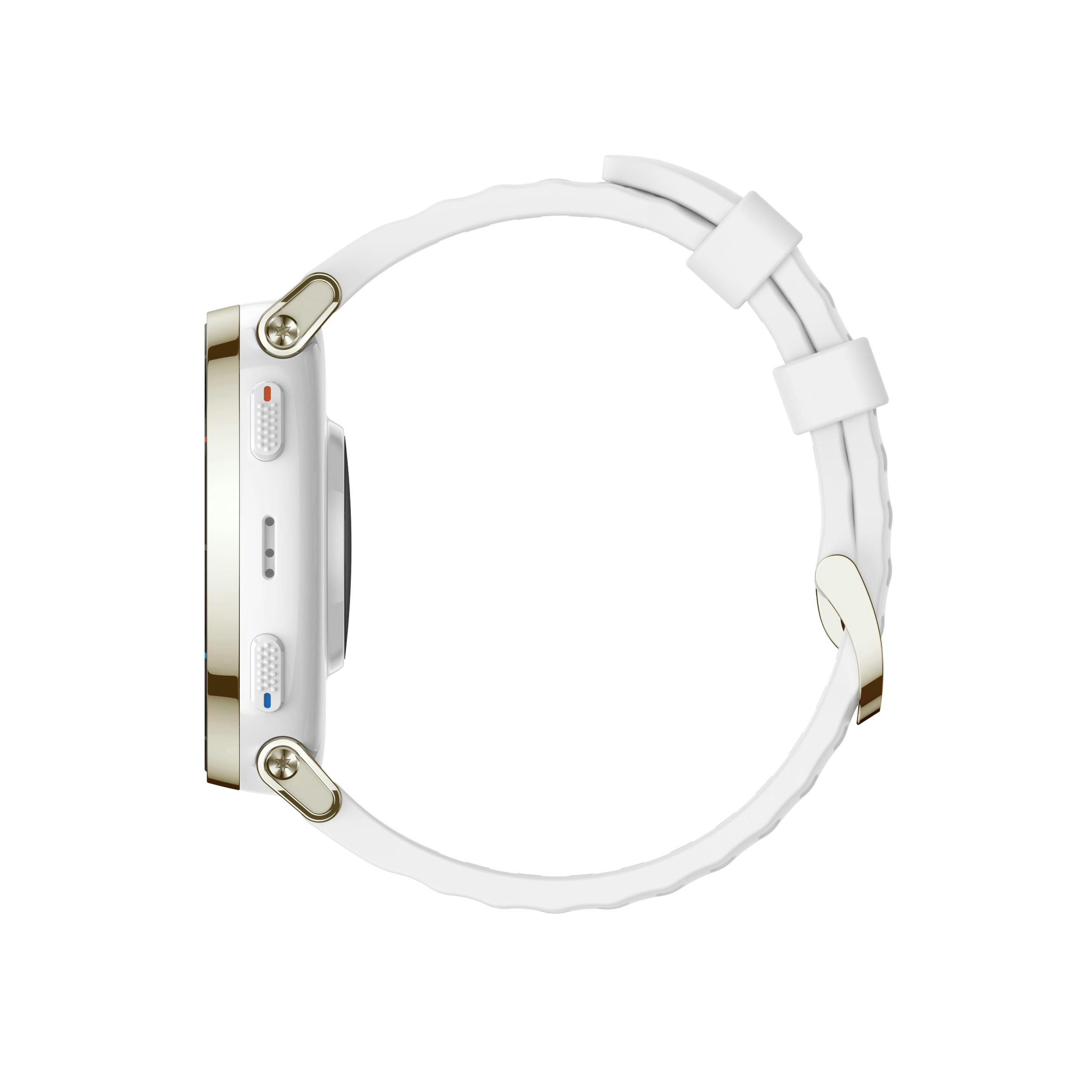 Weiße Smartwatch mit goldenen Akzenten, seitlicher Ansicht.