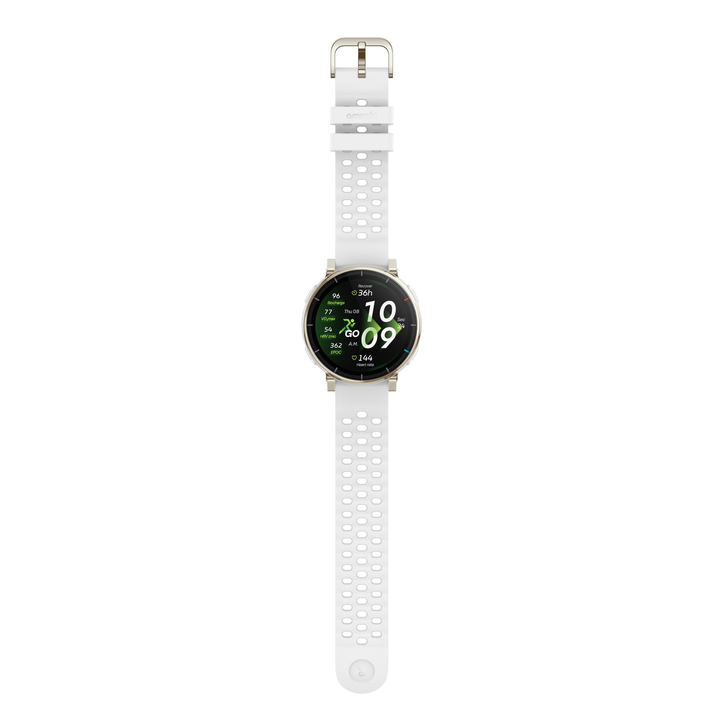 Weiße Smartwatch mit Zifferblatt-Details: Uhrzeit 10:09, 36h Erholung, 96 Biocharge.