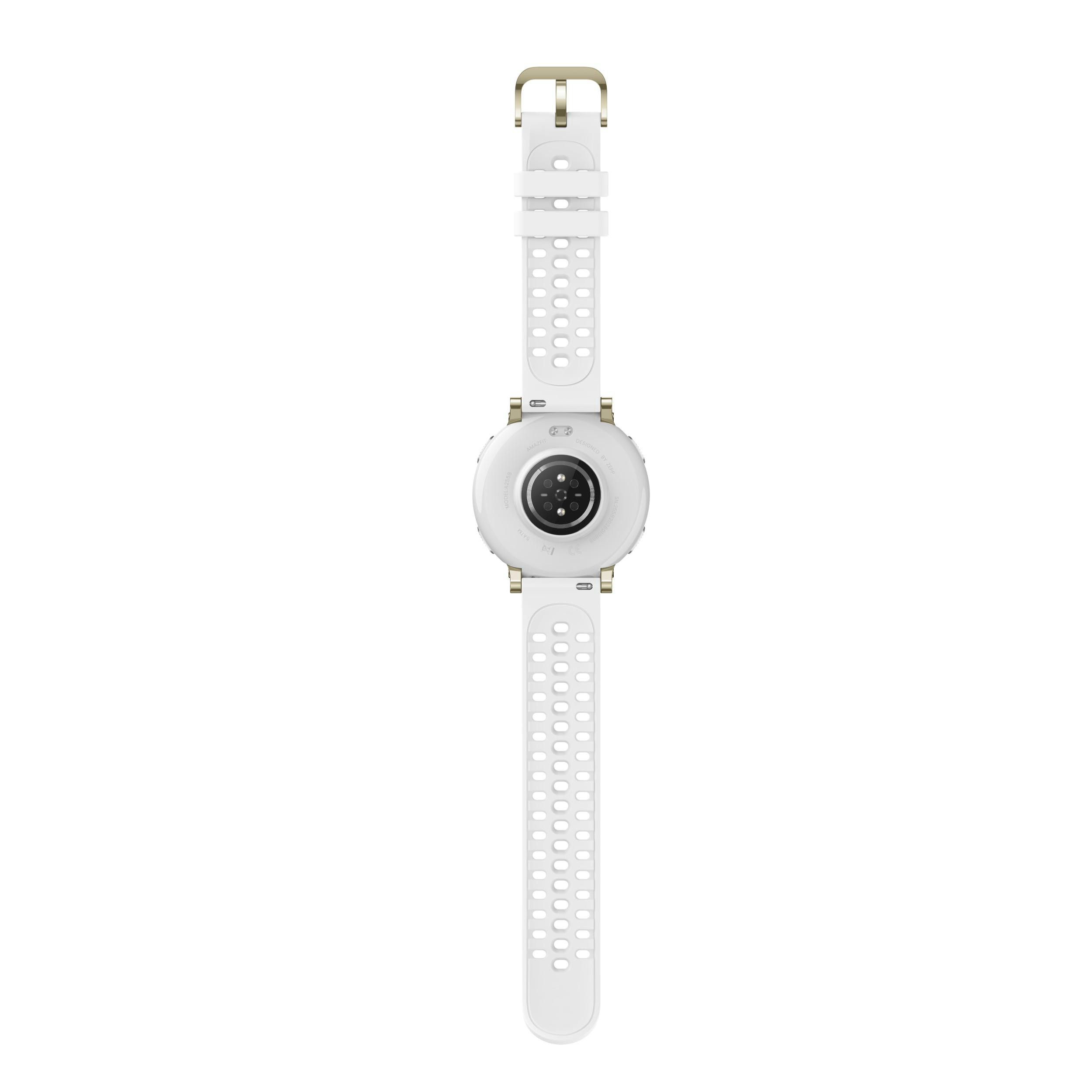 Weiße Smartwatch mit goldenen Akzenten und Lochmusterarmband.