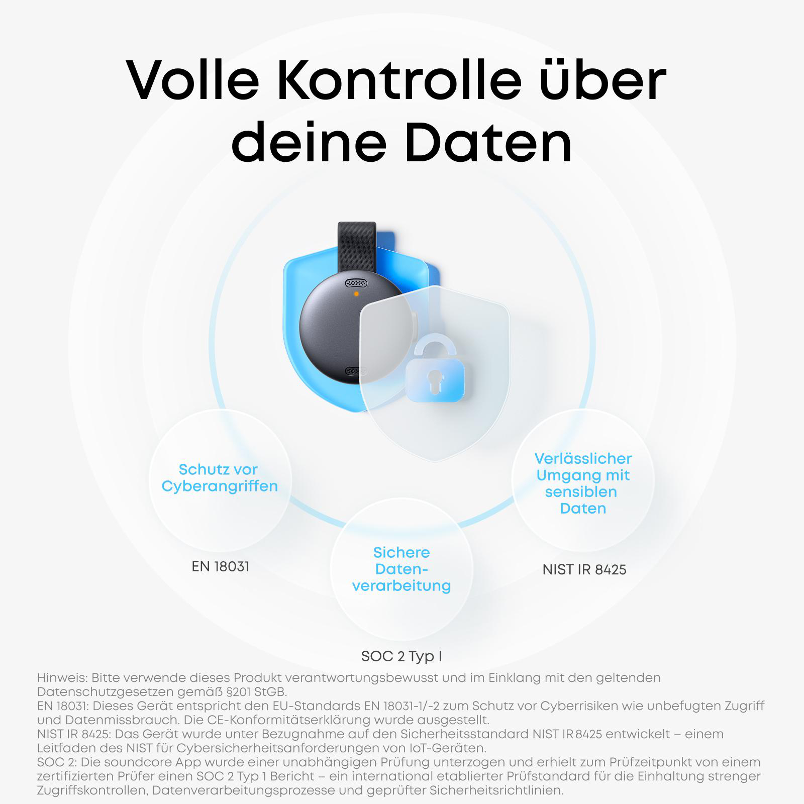 Ein Gerät mit Schutzschildern, einem Schloss und Text über Datensicherheit.