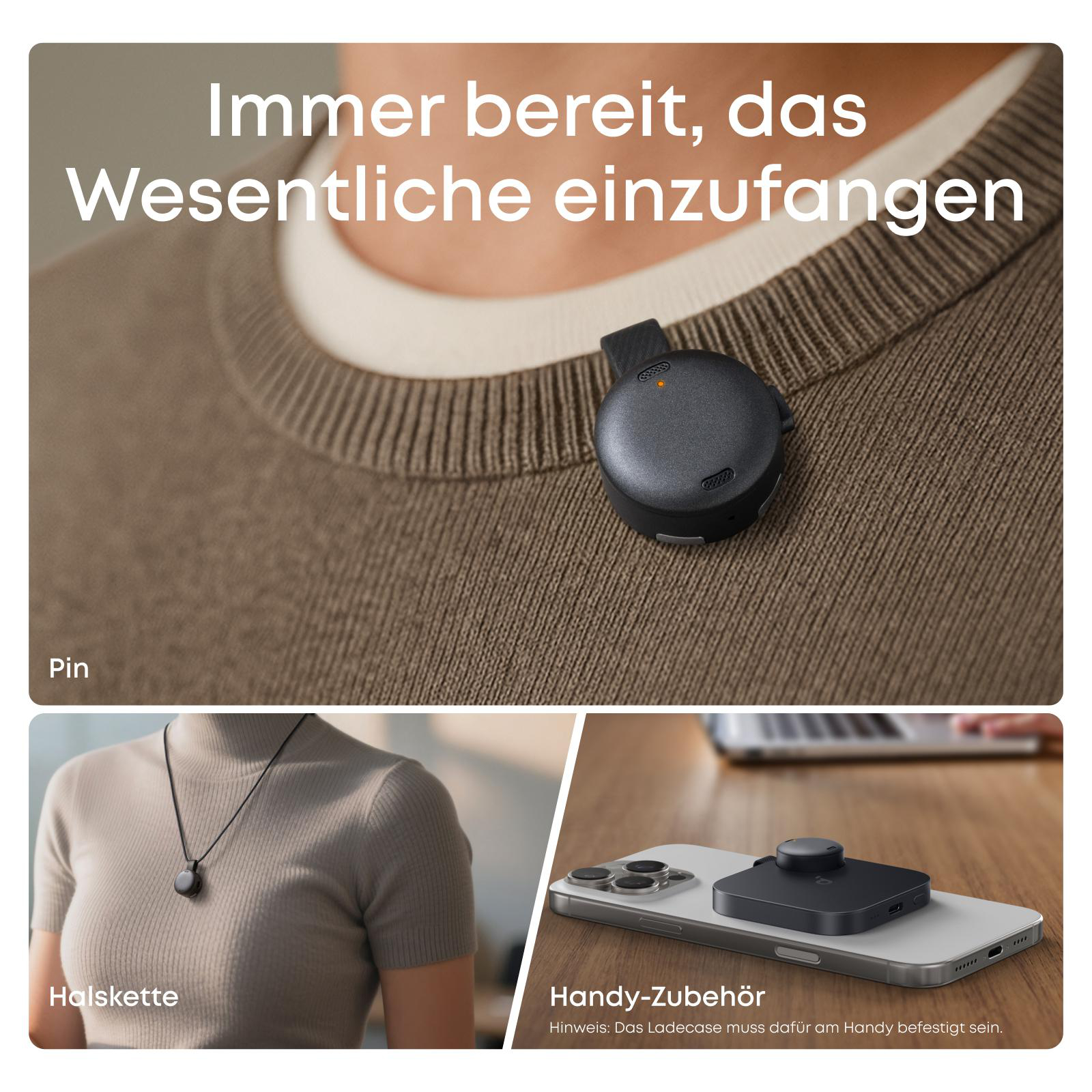 Ein schwarzes Zubehör ist an einem braunen Pullover befestigt, als Halskette und am Handy.
