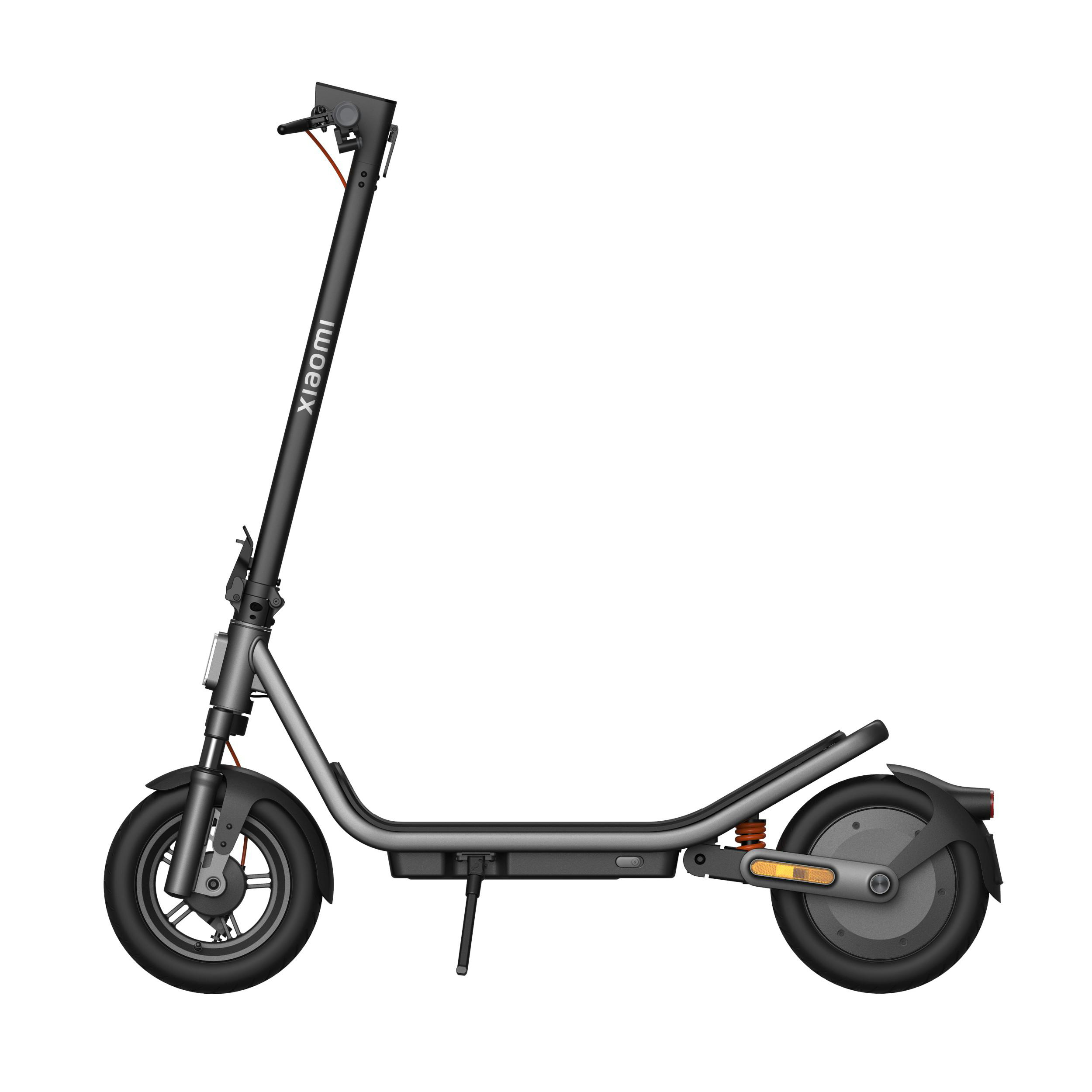 Ein grauer Xiaomi Elektroroller mit schwarzem Lenker und Rädern.