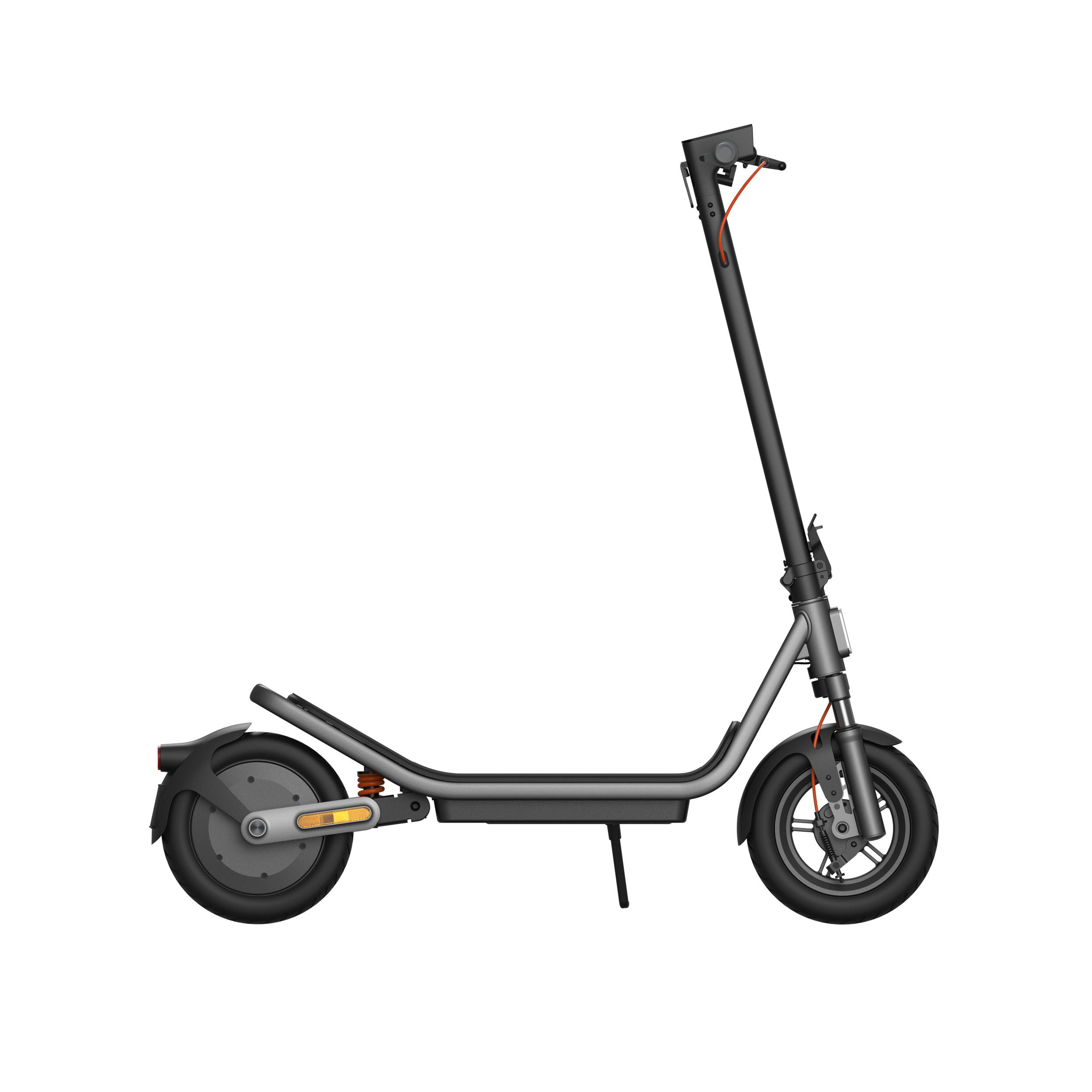 Ein grauer Elektroroller mit schwarzen Rädern und Lenker.