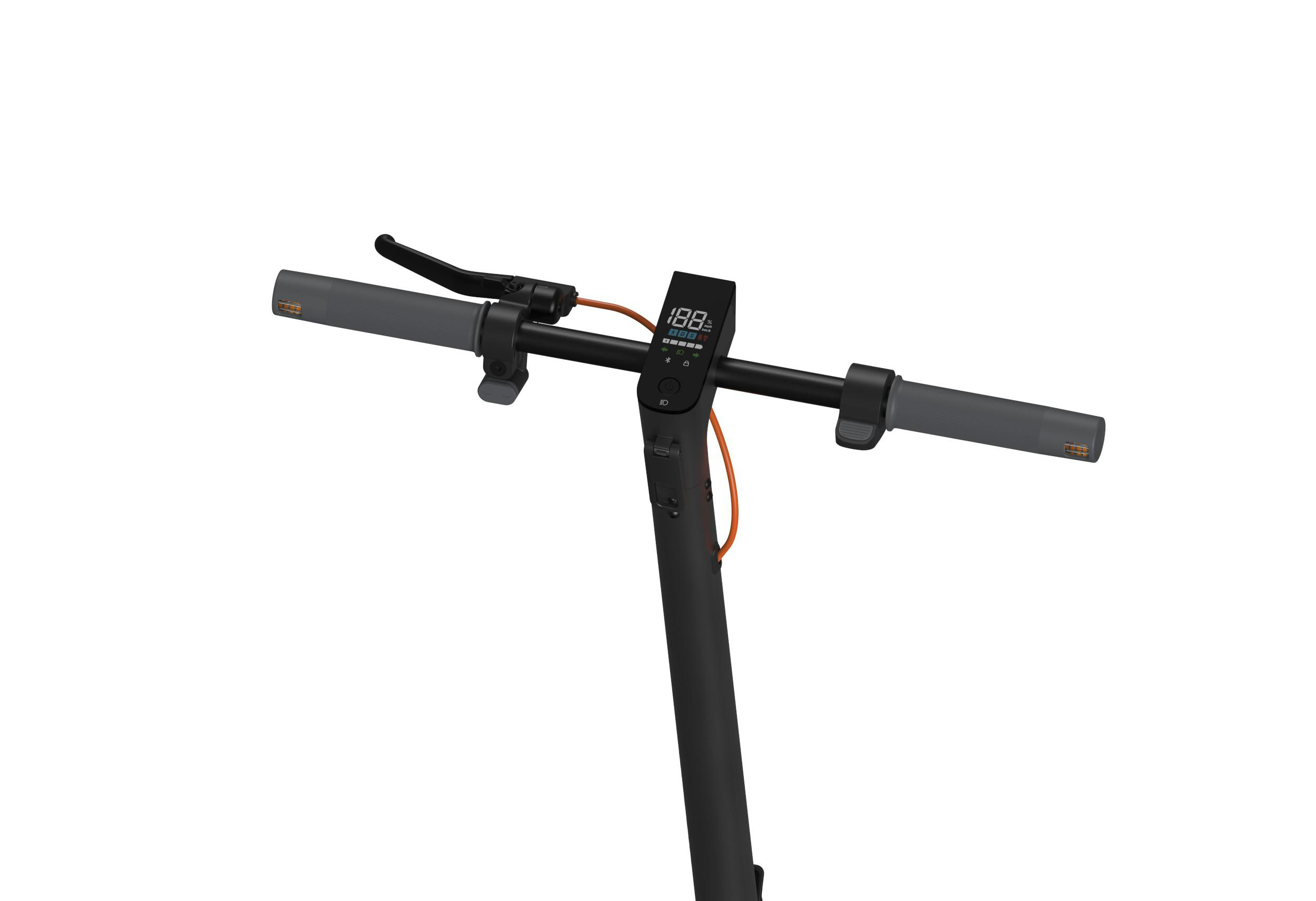 Nahaufnahme des Lenkers eines schwarzen Elektrorollers mit Display.