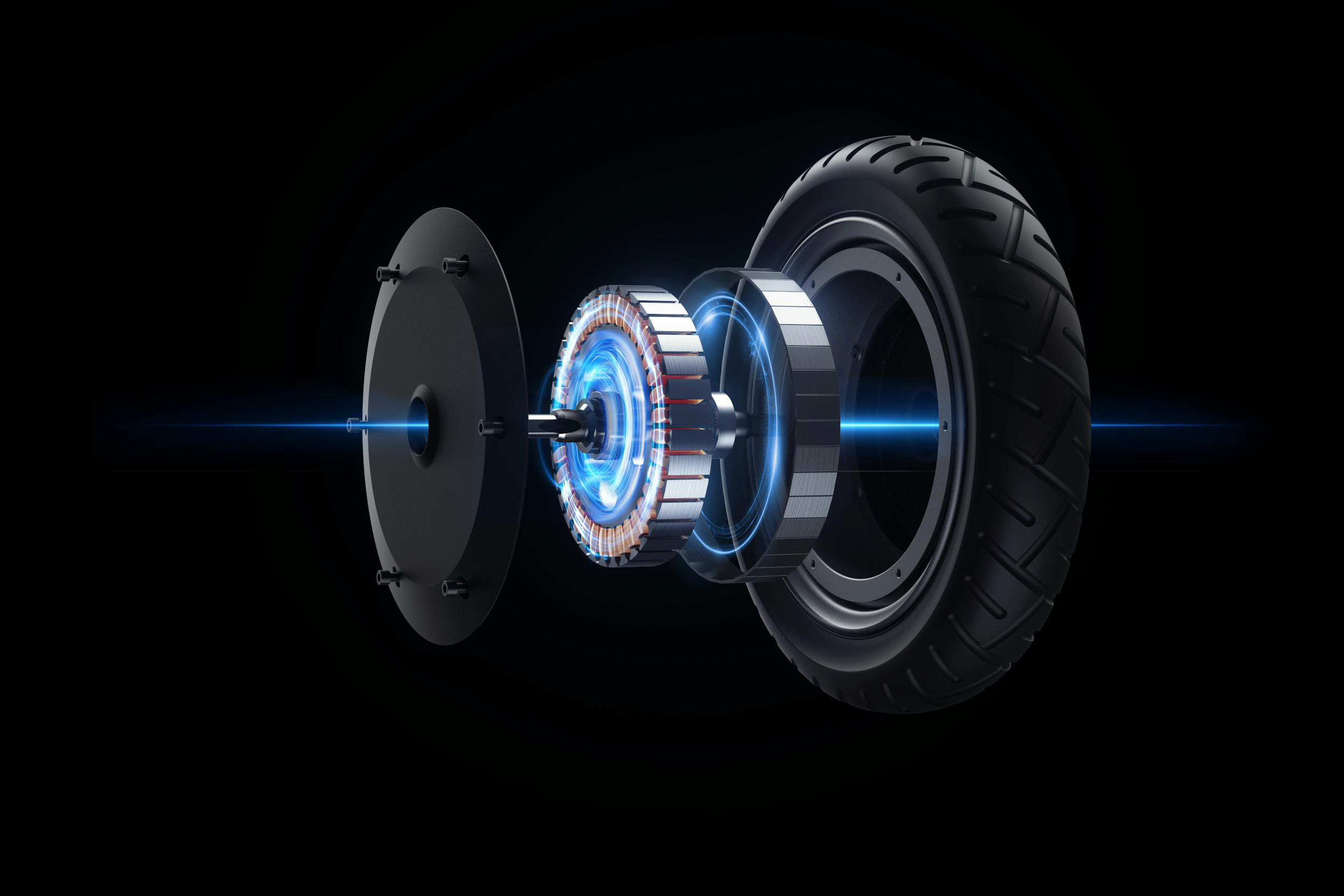 Explodierte Ansicht eines Elektromotorrad-Rads mit freiliegenden Komponenten und blauer Energie.