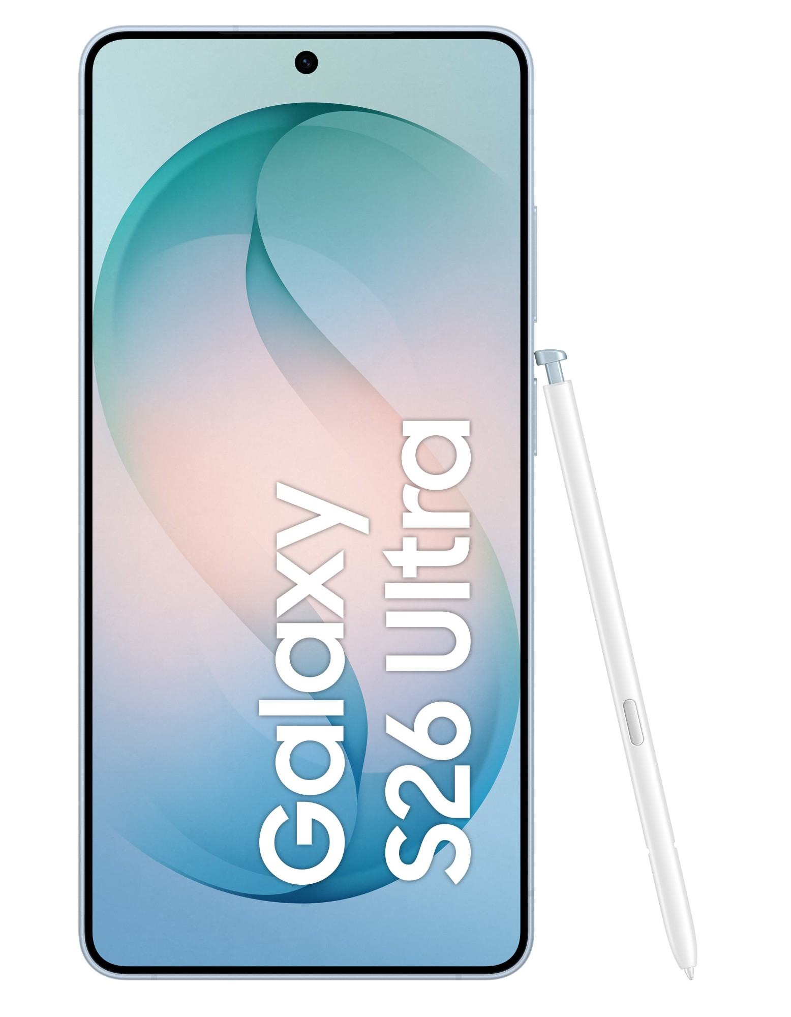 Biały rysik leży obok jasnoniebieskiego smartfona z napisem "Galaxy S26 Ultra".