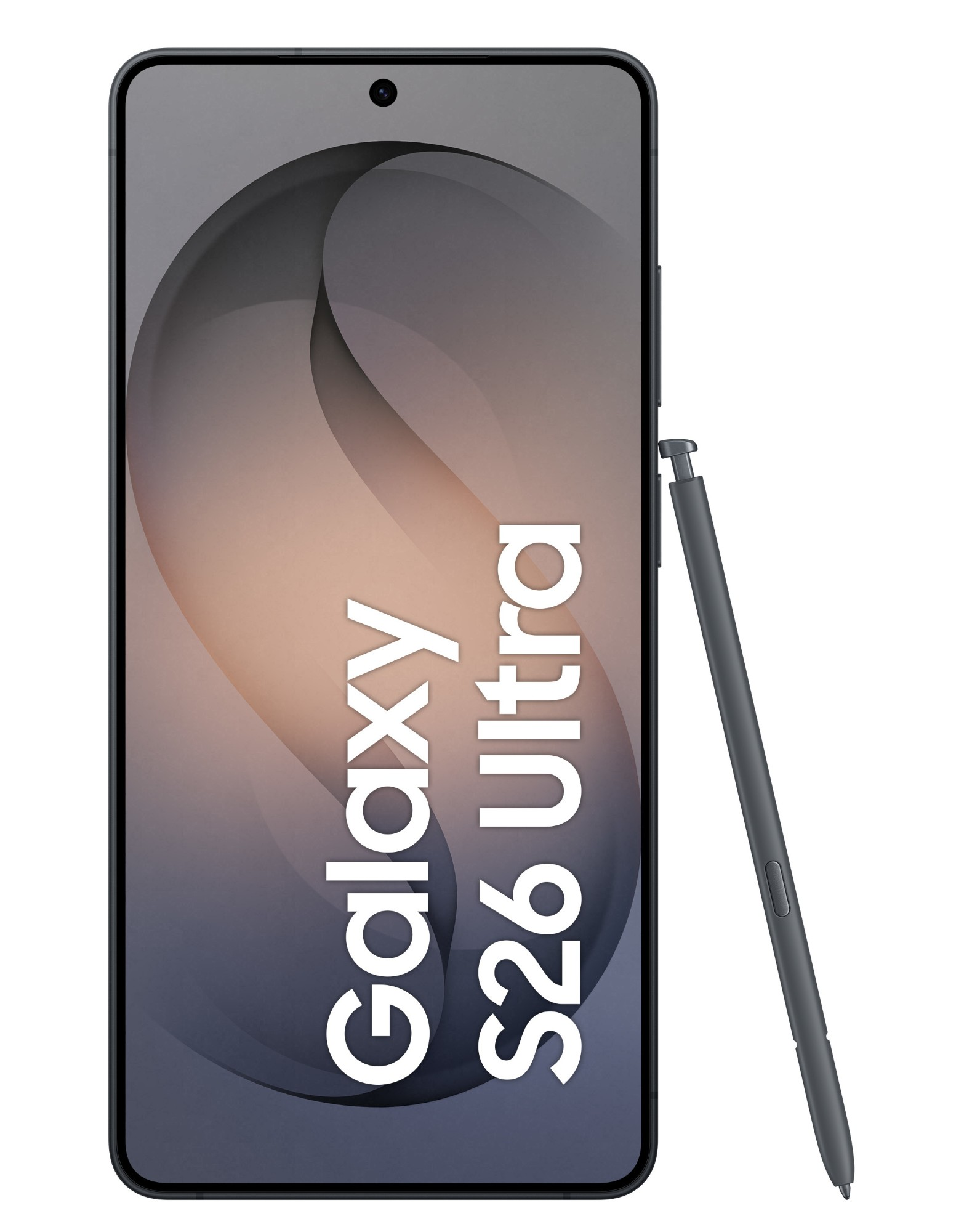 Szary smartfon z rysikiem. Na wyświetlaczu widnieje napis Galaxy S26 Ultra.