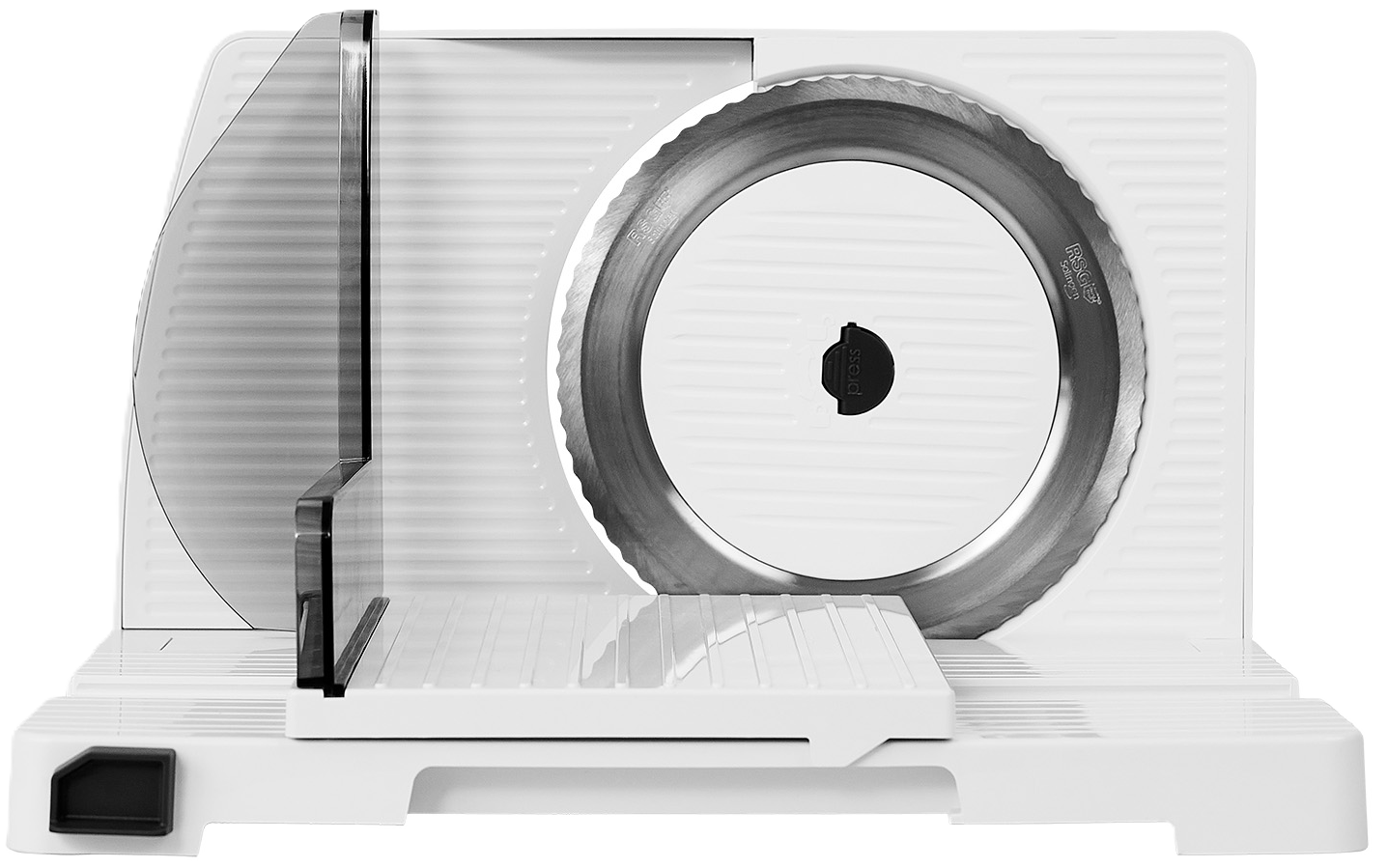 Ein weißer elektrischer Allesschneider mit Metallscheibe und transparenter Schutzvorrichtung.