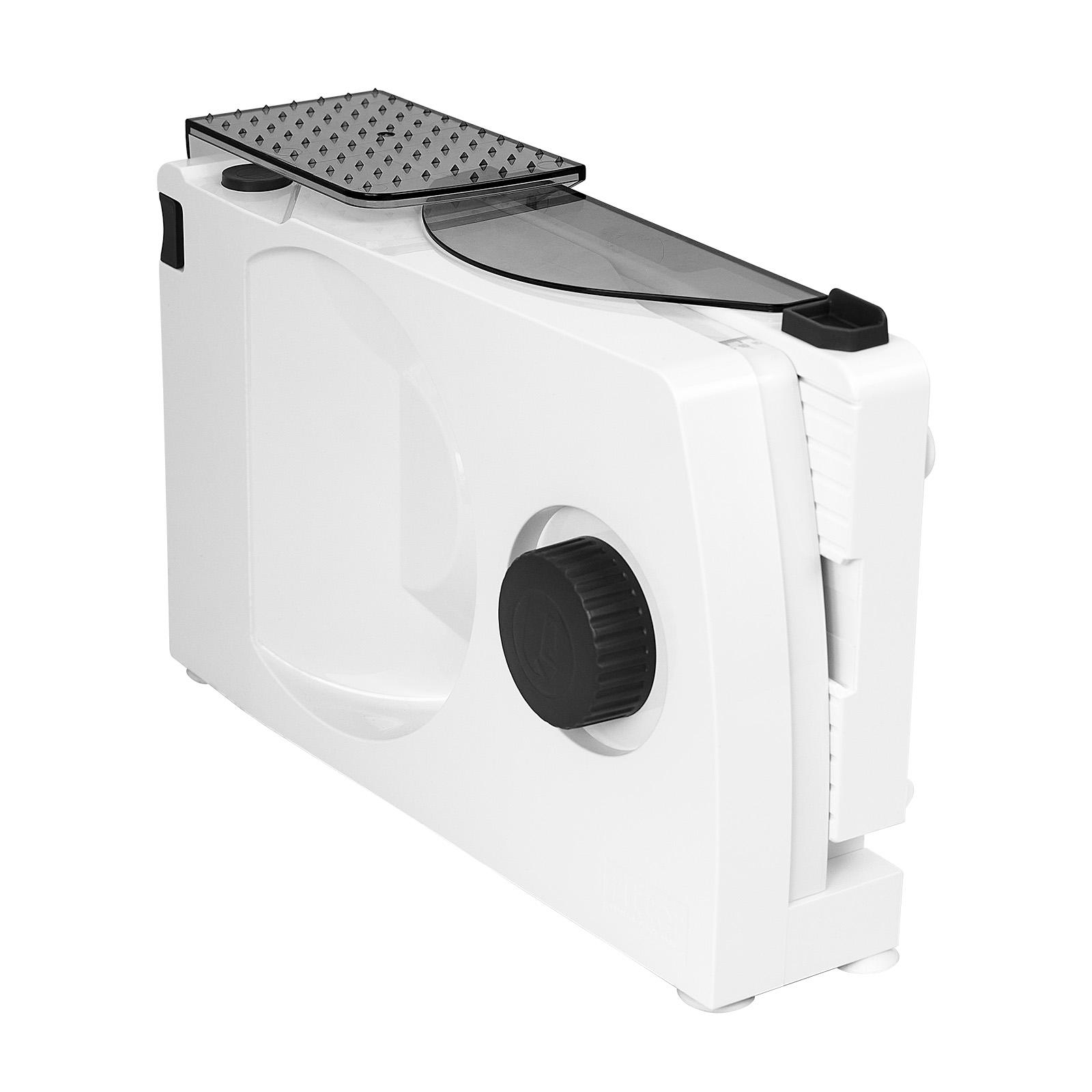 Ein weißer elektrischer Schneebesen mit schwarzem Drehknopf und transparentem Deckel.