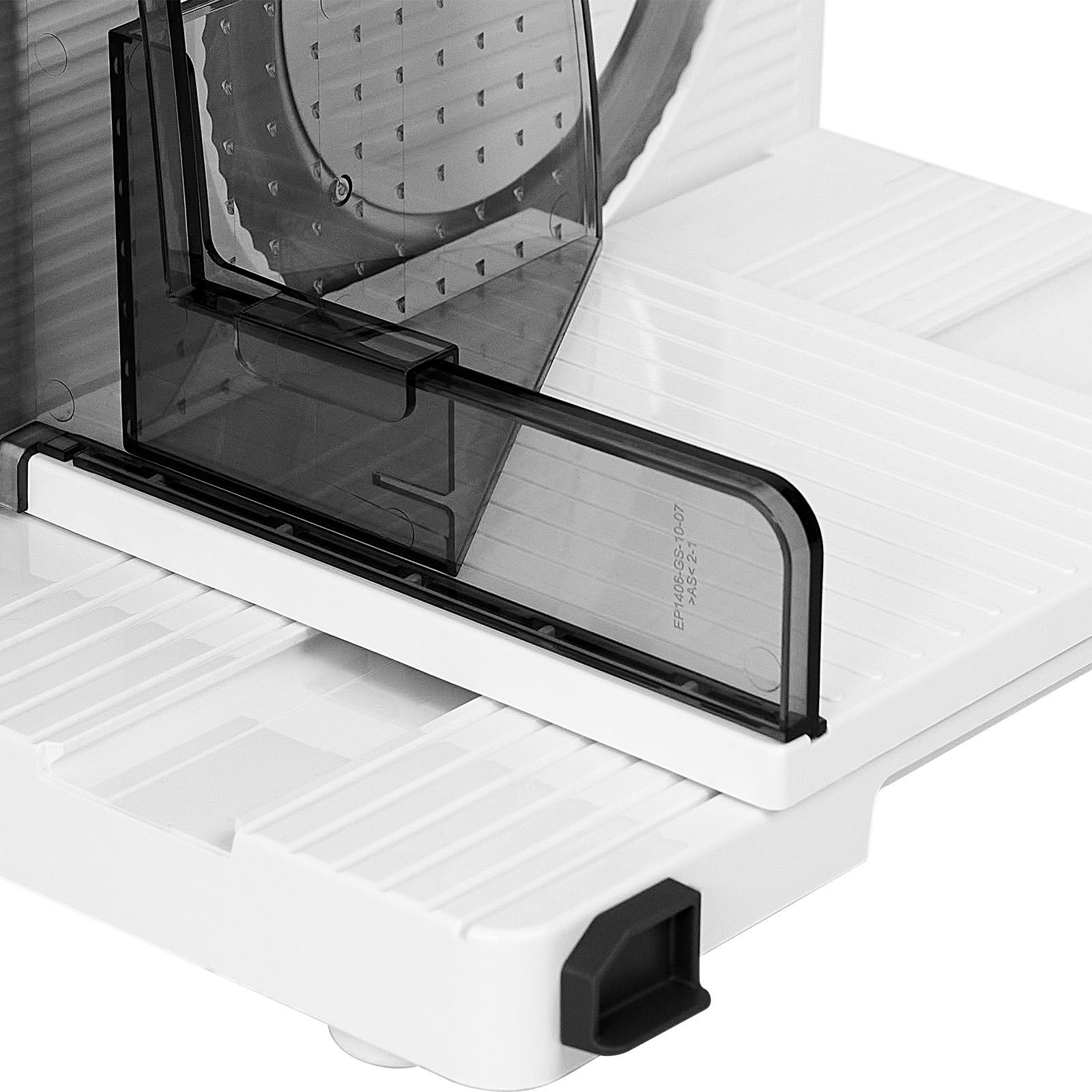 Detailansicht einer weißen elektrischen Aufschnittmaschine mit transparentem Schutz.