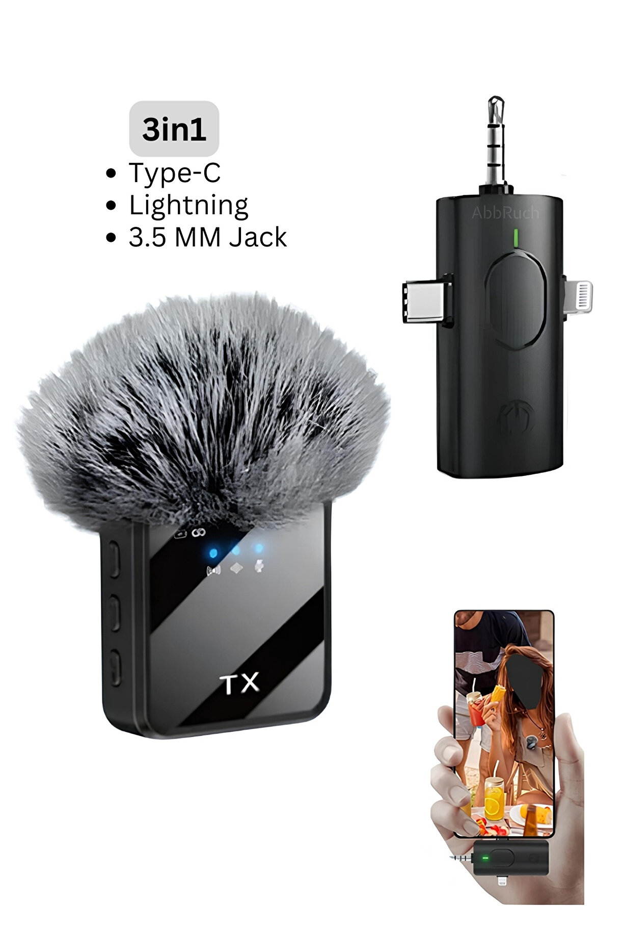 Kürk rüzgar korumalı siyah 3'ü 1 arada mikrofon, verici ve telefon tutucu.