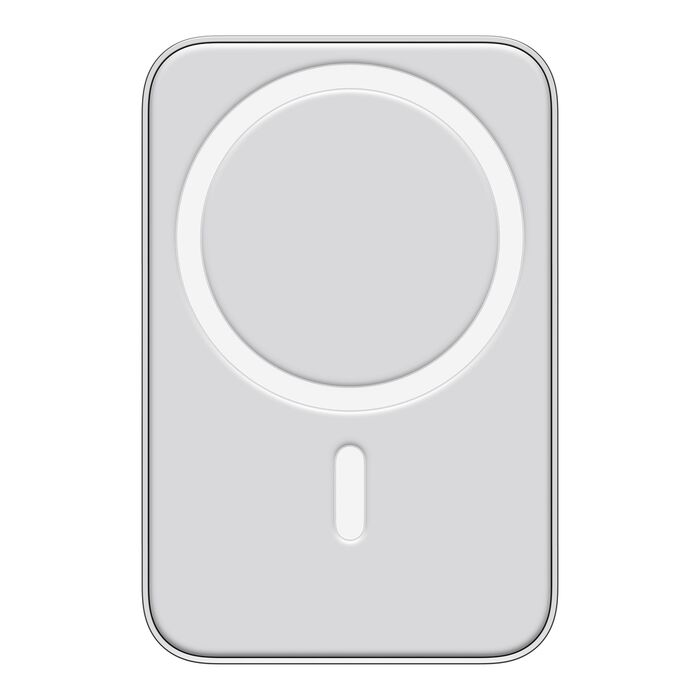 Dairesel girintili ve dikey yuvalı beyaz MagSafe şarj cihazı.