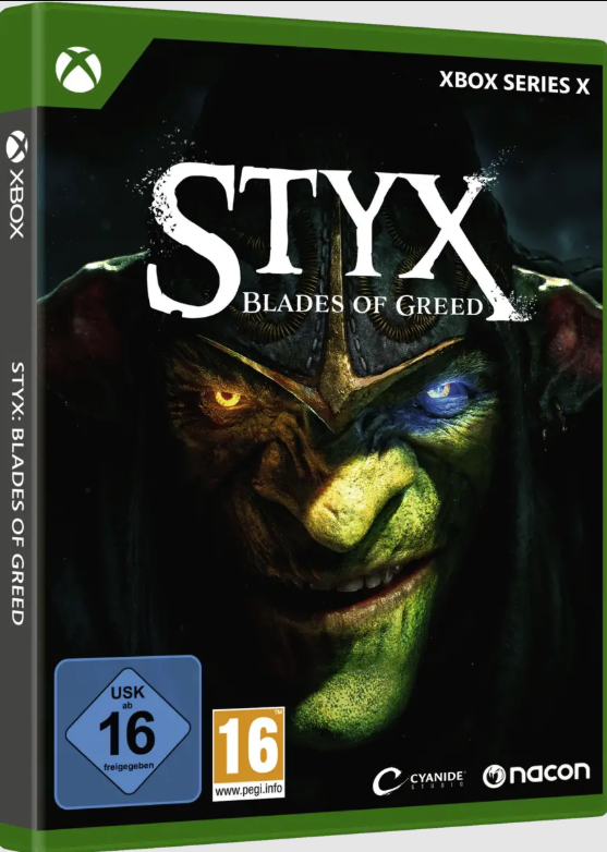 Xbox Series X Hülle für Styx: Blades of Greed mit grünem Monstergesicht.