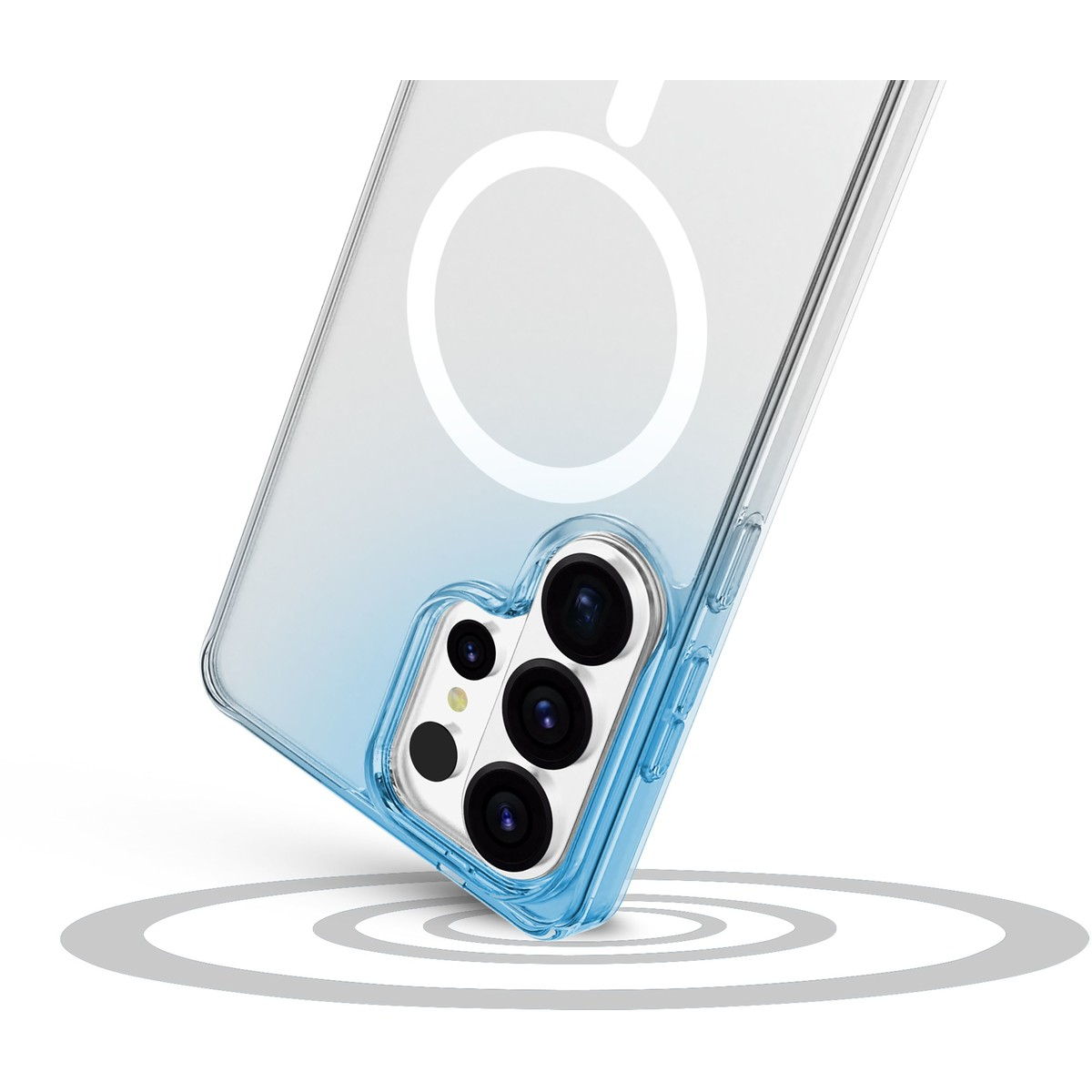 Funda transparente para teléfono con borde azul, muestra lentes de cámara y anillo MagSafe.