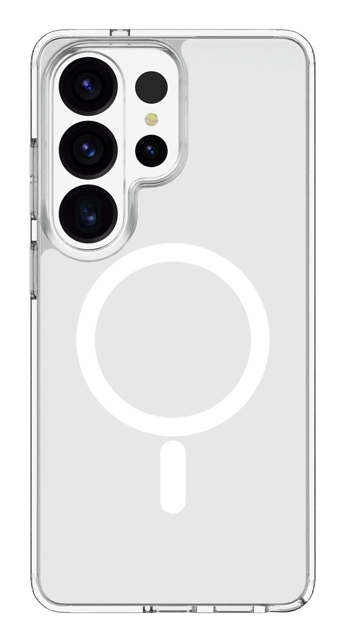 Funda transparente con módulo de cámara y círculo de carga magnética.
