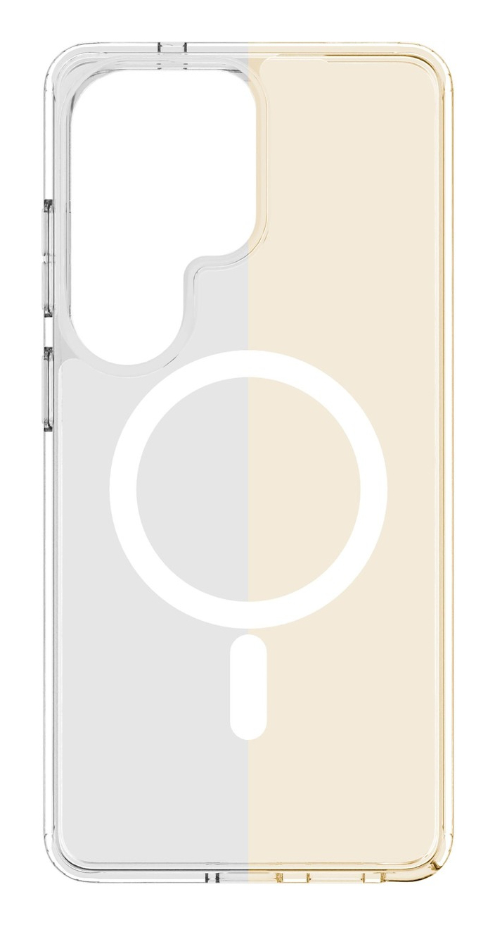 Una funda de teléfono transparente con anillo magnético, sobre fondo blanco.