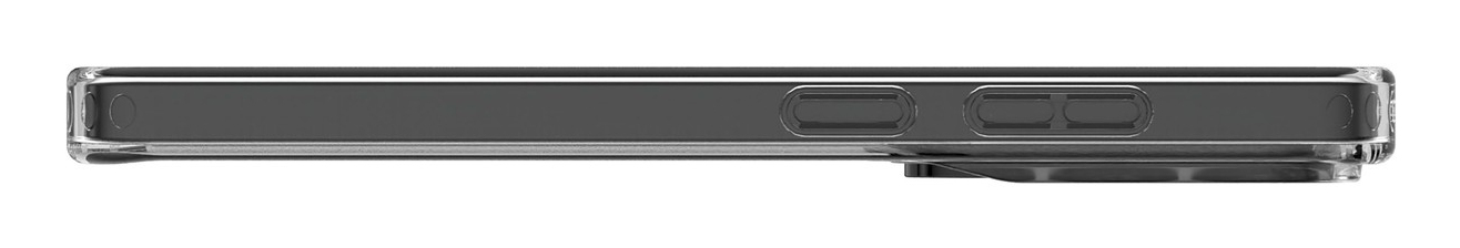 Vista lateral de una funda transparente para teléfono con parte trasera gris y botones.
