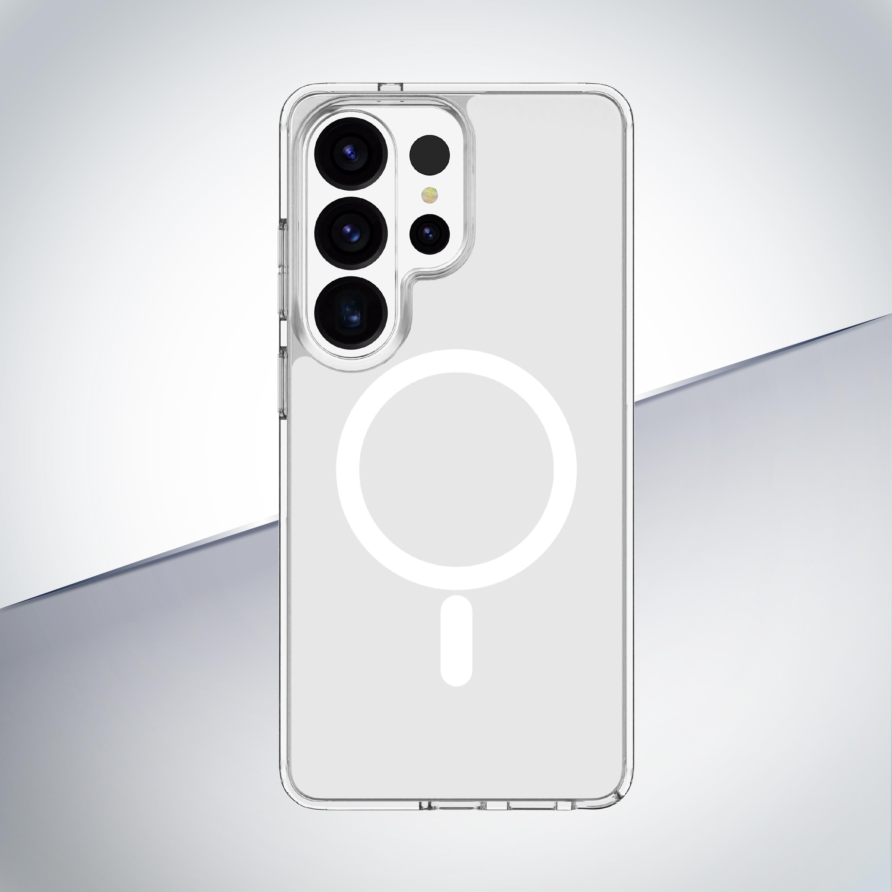 Funda transparente para teléfono con módulo de cámara y símbolo de círculo/línea blanco.