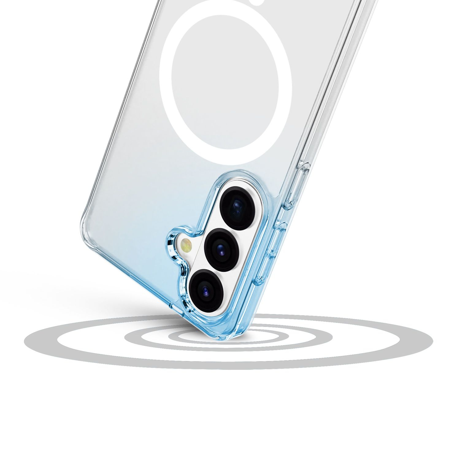 Funda transparente con bordes azules, muestra tres cámaras y un anillo magnético.