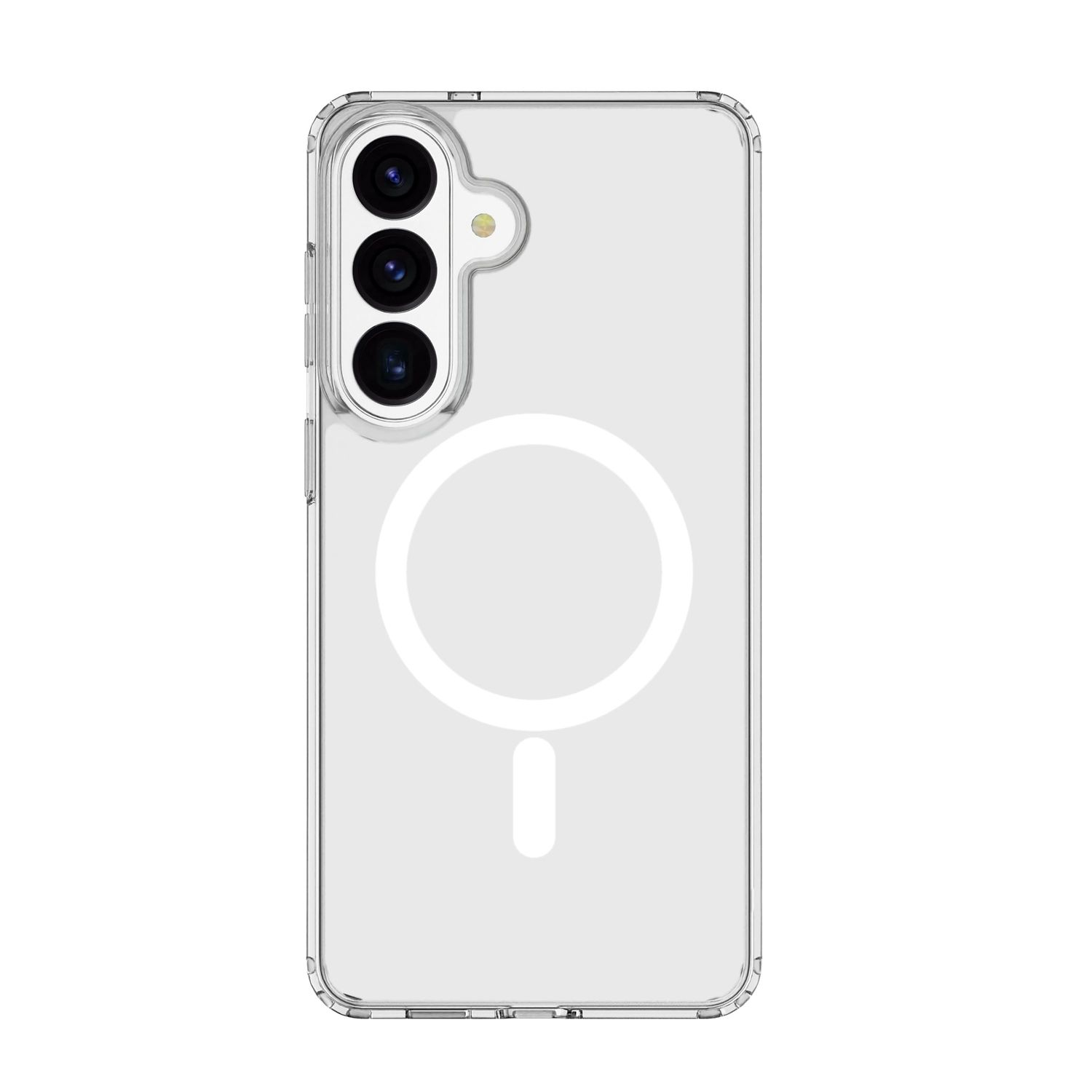 Una funda transparente para teléfono con tres lentes de cámara y un anillo circular.