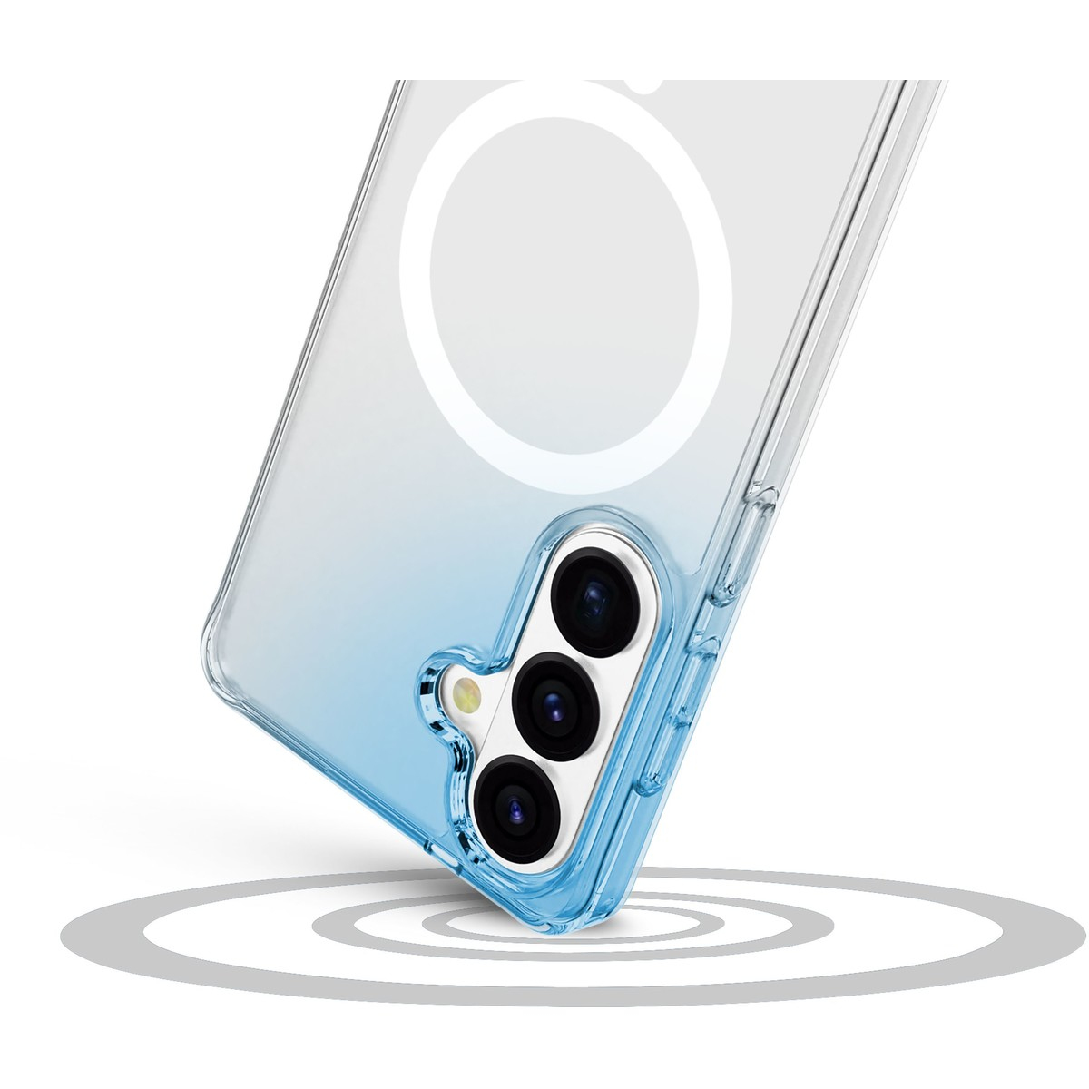 Una funda de teléfono transparente con borde azul y tres cámaras.