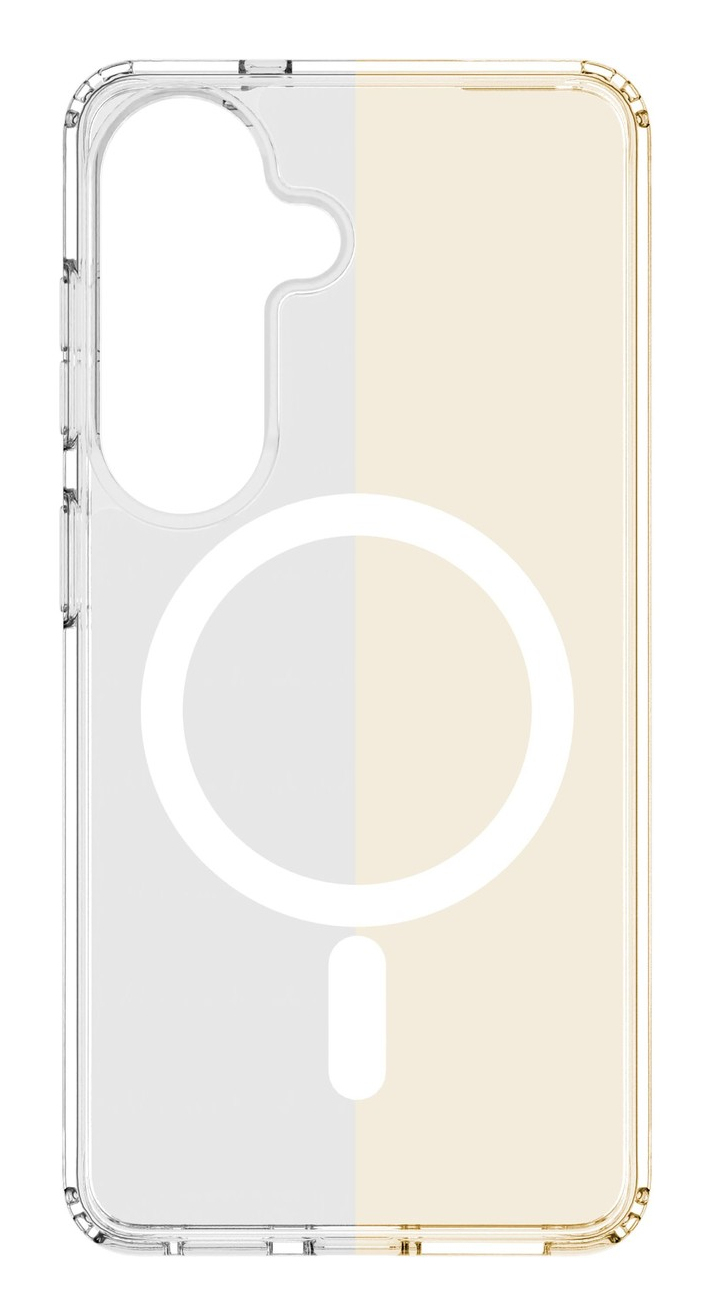 Funda transparente para teléfono con círculo magnético blanco y óvalo sobre fondo dividido.
