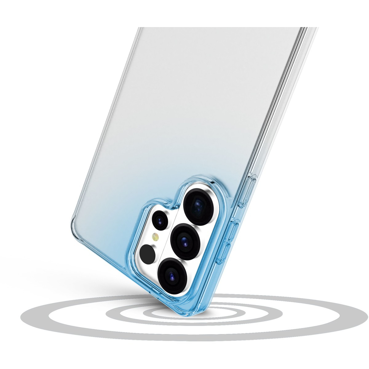 Funda transparente para móvil con detalles azules, muestra lentes de cámara.