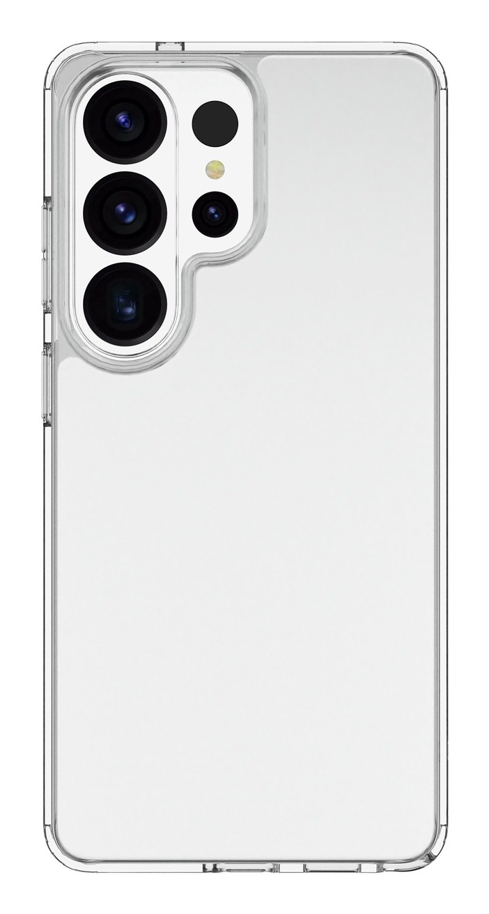 Funda de teléfono transparente con cuatro lentes de cámara arriba a la izquierda.