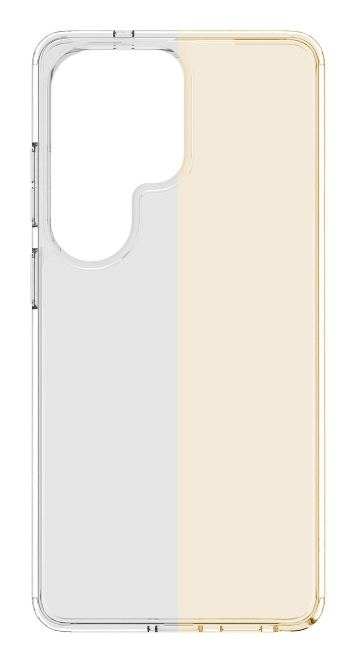 Funda transparente para teléfono con fondo amarillo claro y bordes claros.