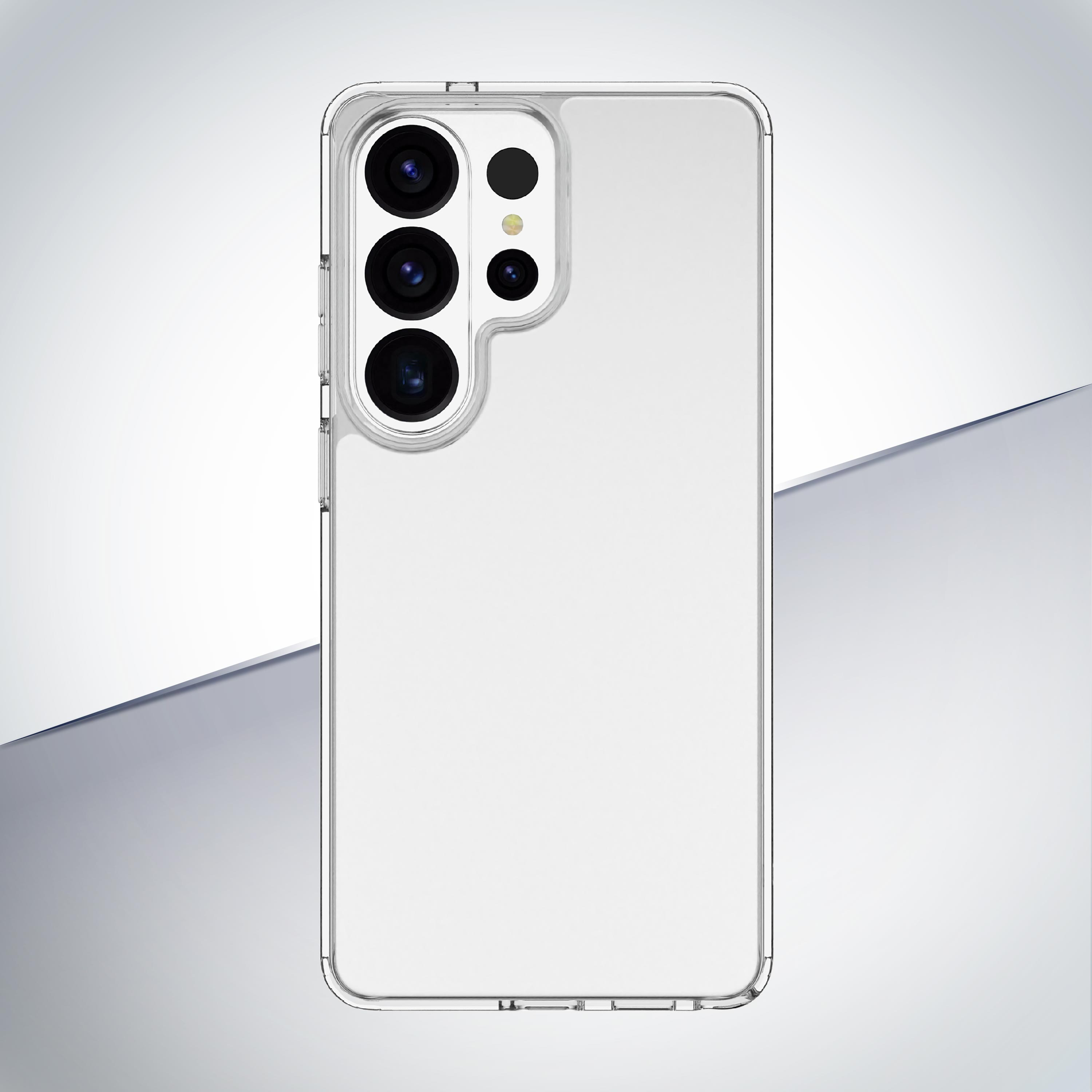 Funda transparente para teléfono con módulo de cámara de cuatro lentes.