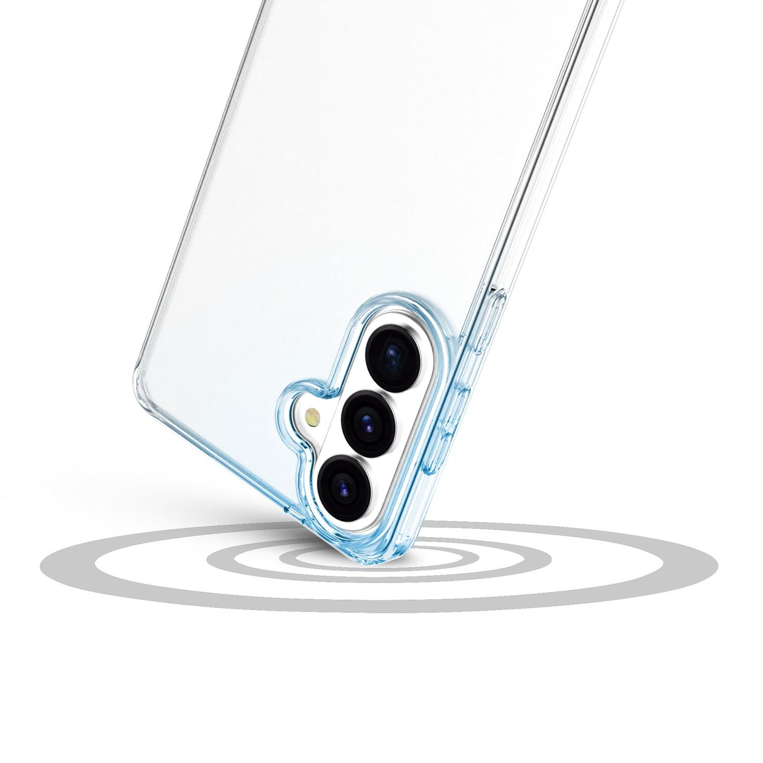 Una funda de teléfono transparente con detalles azules que cubre tres cámaras.