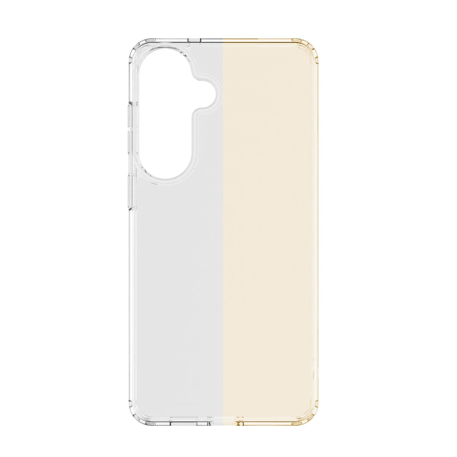 Funda de teléfono transparente con panel trasero bicolor, blanco y amarillo.