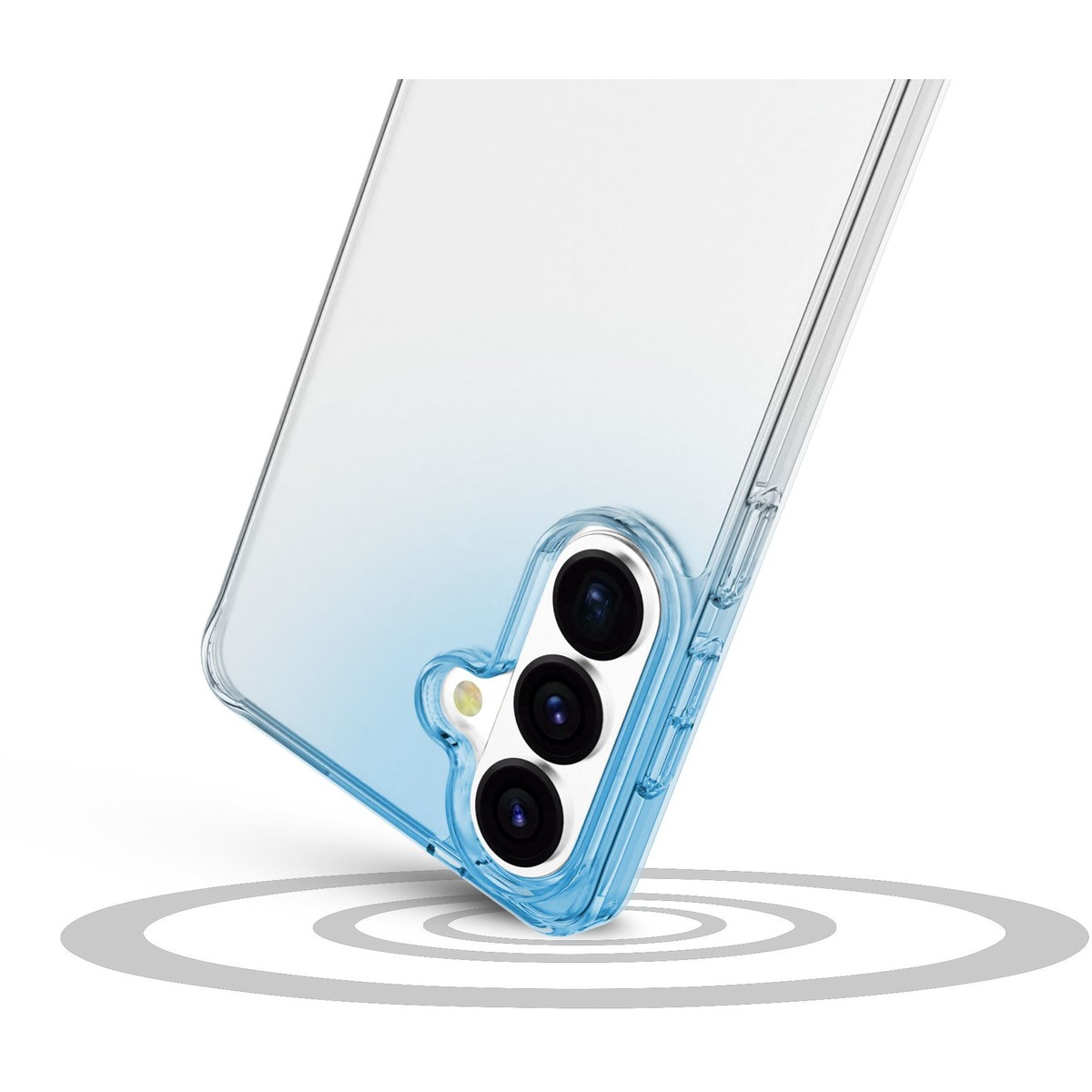 Una funda transparente para teléfono con detalles azules y tres lentes.