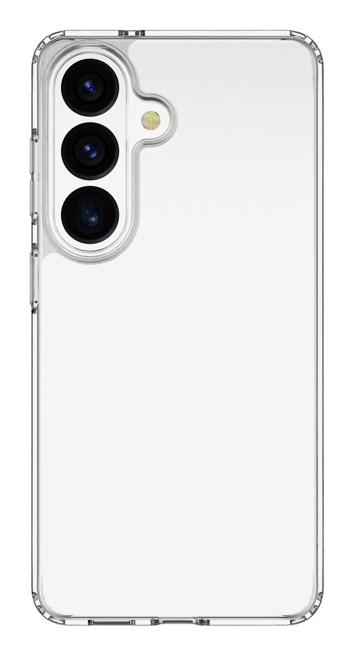 Parte trasera de un smartphone con tres cámaras en funda transparente.