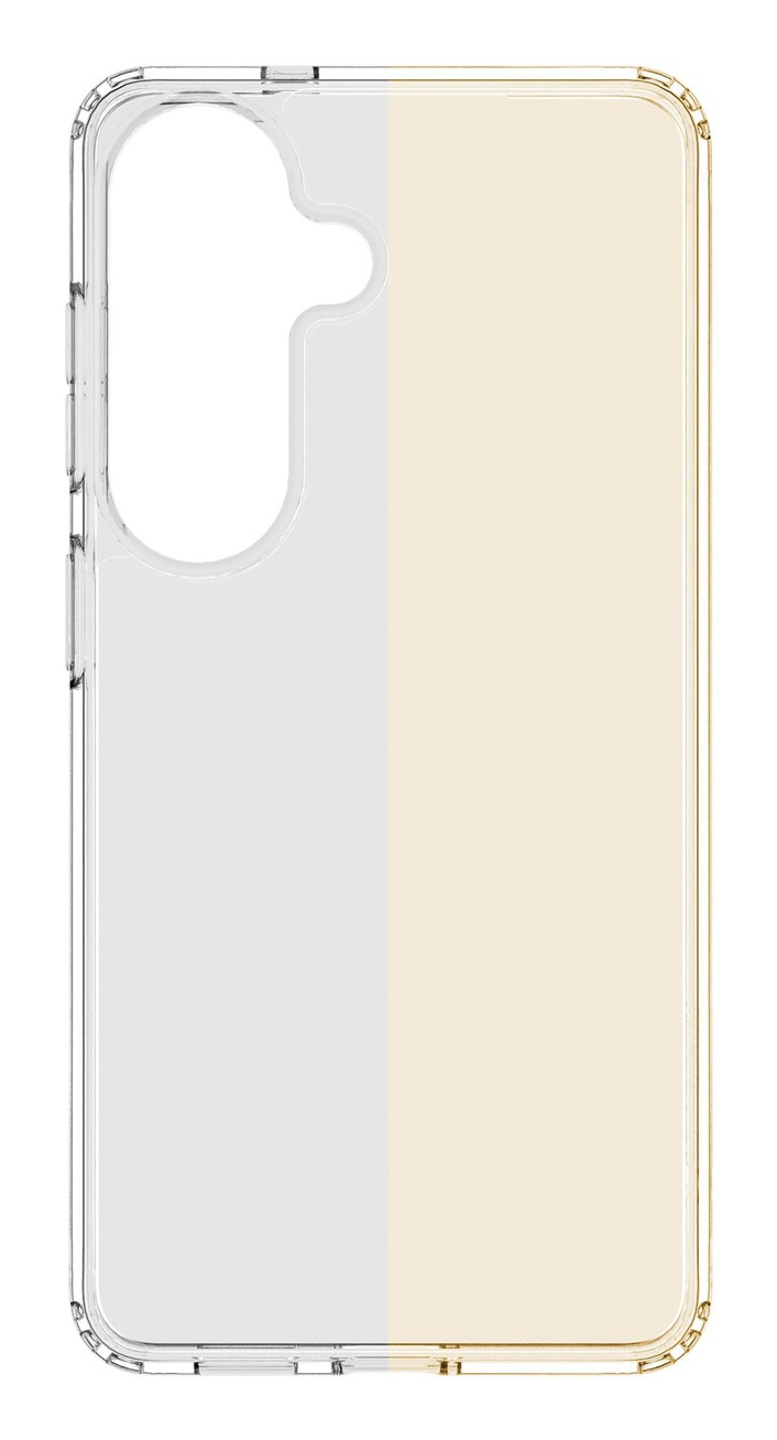 Una funda de teléfono transparente con fondo bicolor, gris y amarillo.
