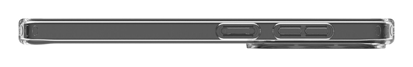 Funda de teléfono transparente con botones laterales y recortes.