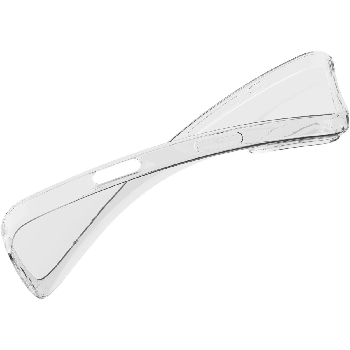 Una funda transparente para teléfono en fondo blanco.