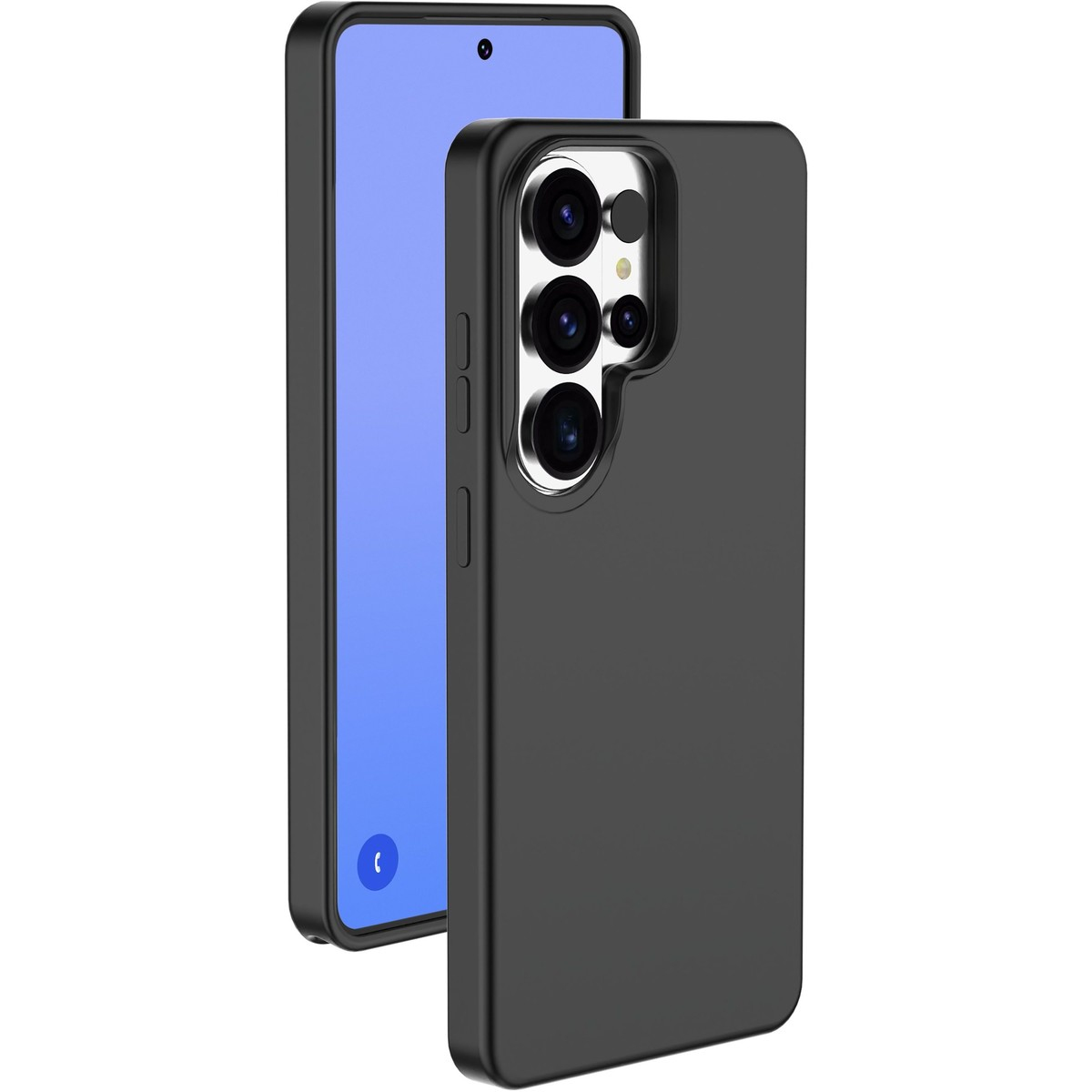 Teléfono negro con cuatro cámaras y pantalla azul.