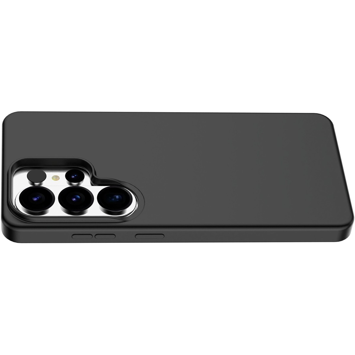 Funda de teléfono negra con módulo de triple cámara y tres botones.
