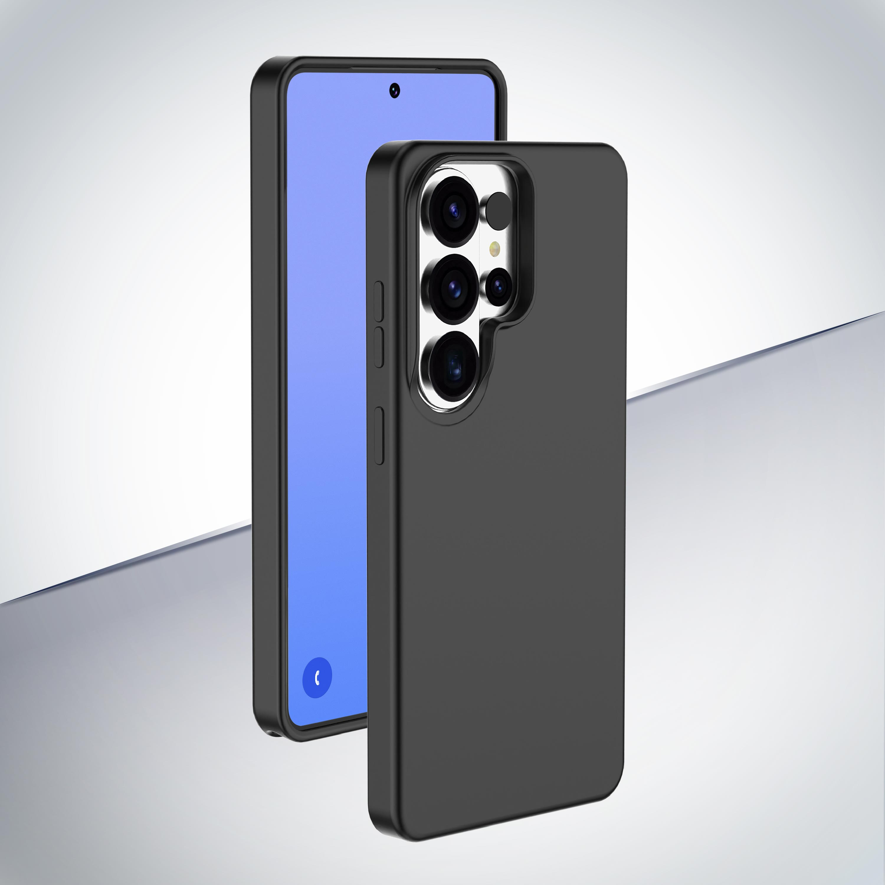 Un smartphone negro con sistema de cuádruple cámara y pantalla azul.