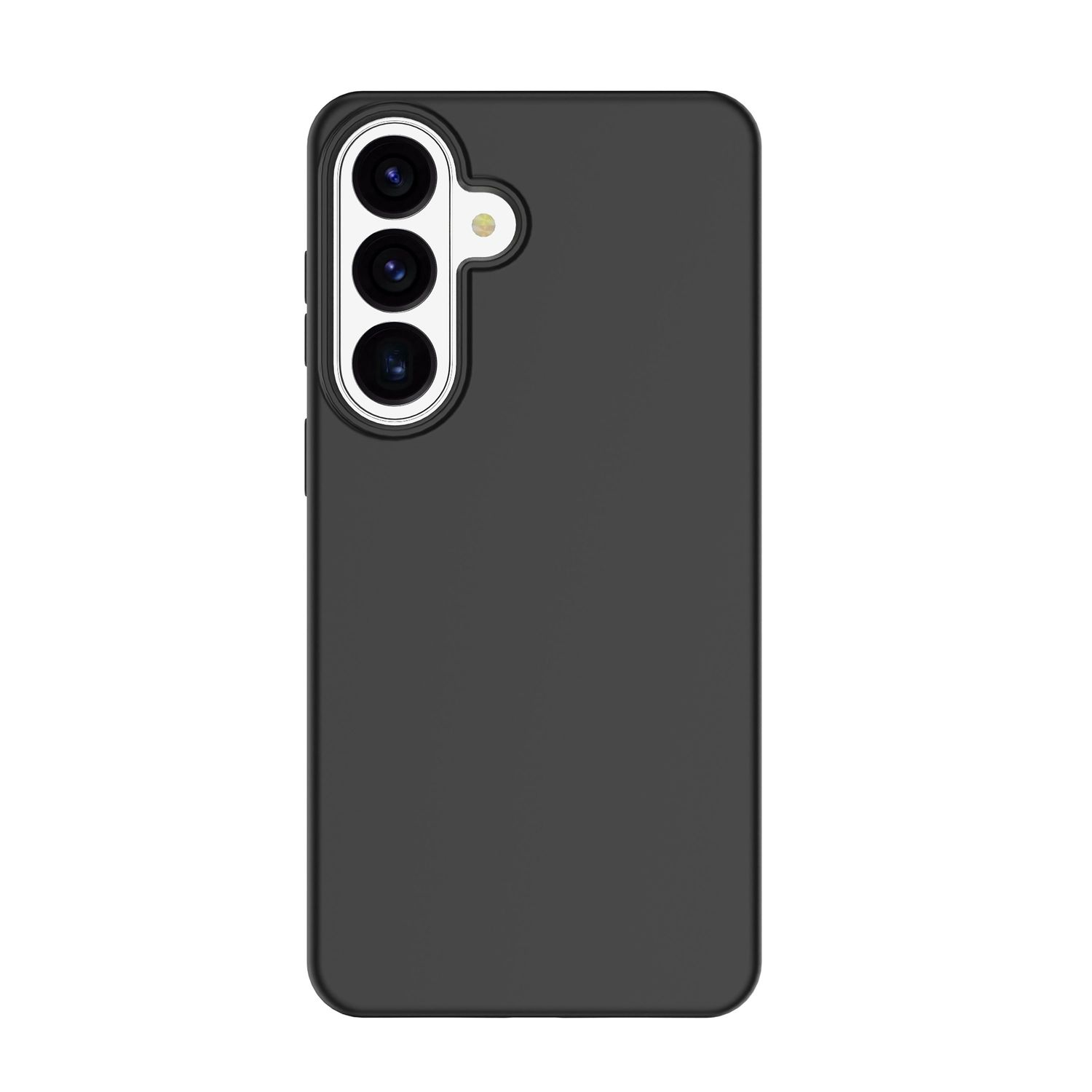 Funda de teléfono negra con tres lentes de cámara y flash.