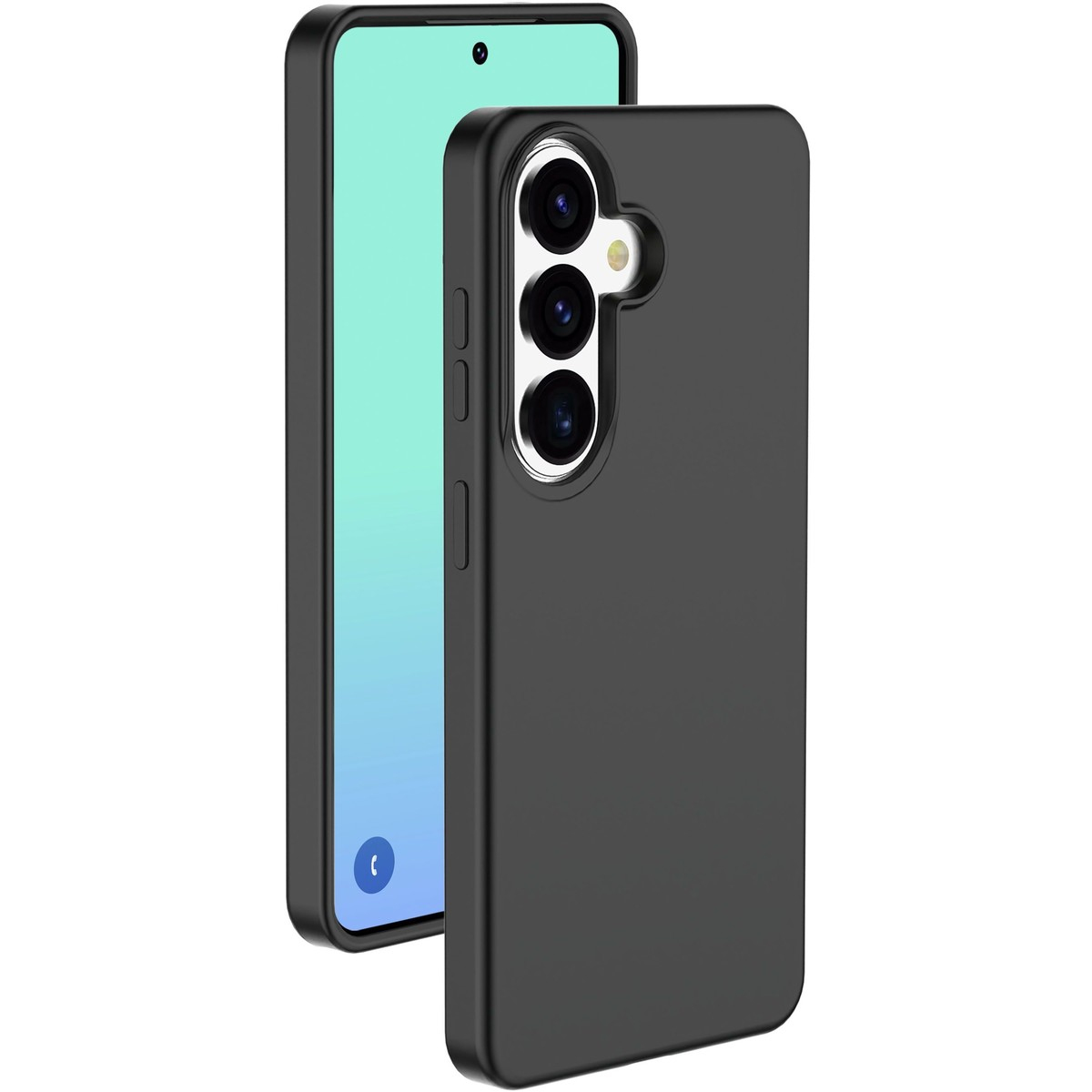 Teléfono negro en funda, tres cámaras, pantalla azul.