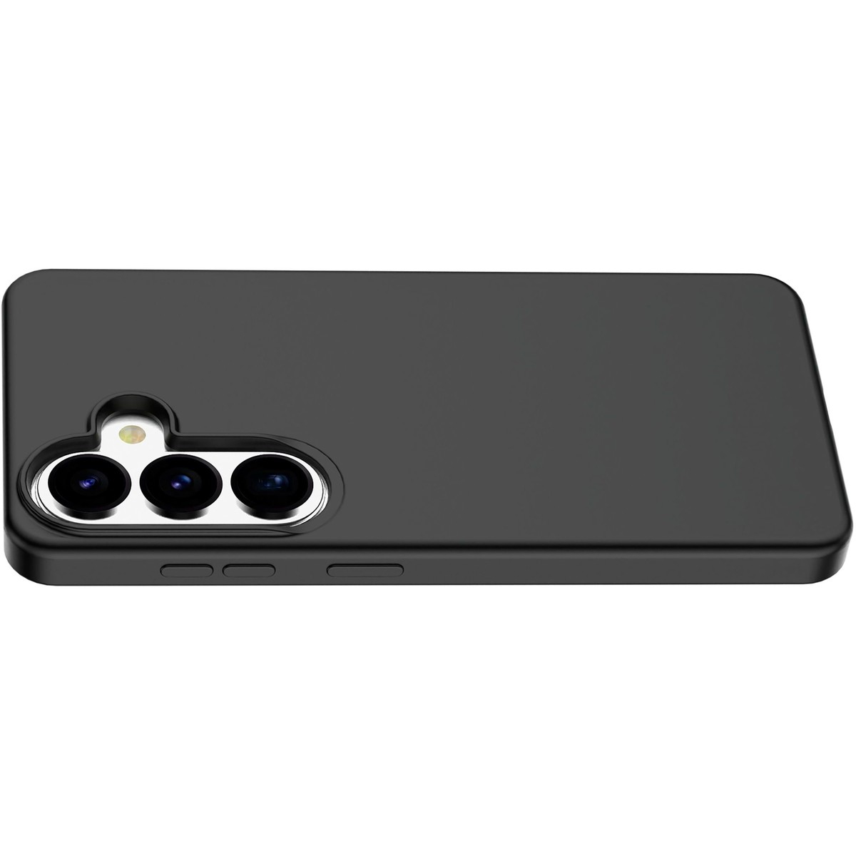 Funda de teléfono negra con tres lentes de cámara y botones laterales.
