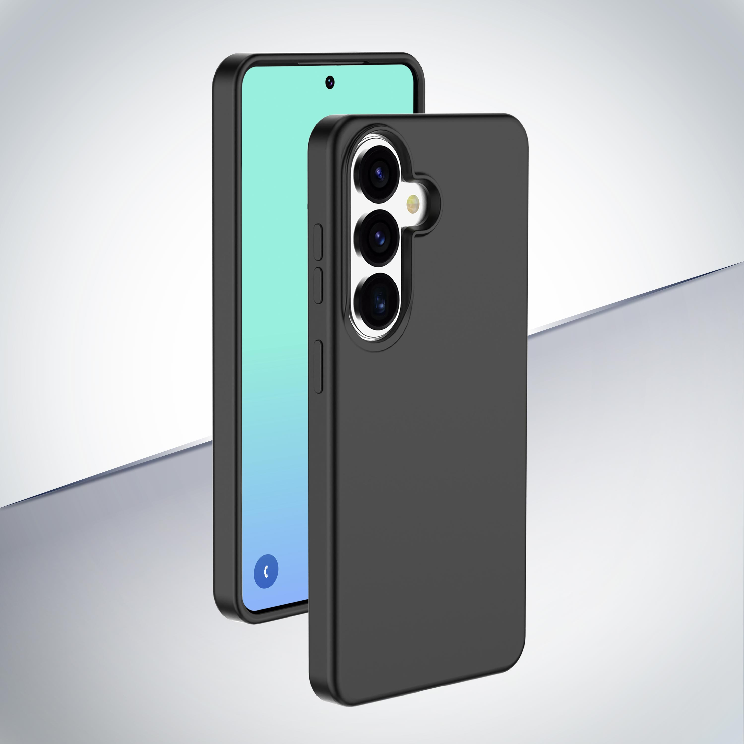 Funda de teléfono negra con recorte de cámara delante de un smartphone con pantalla verde azulado.