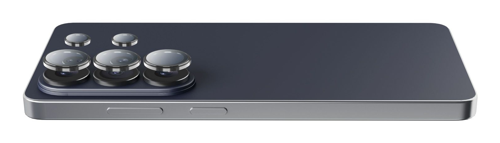 Smartphone azul oscuro con tres lentes de cámara y dos botones laterales.