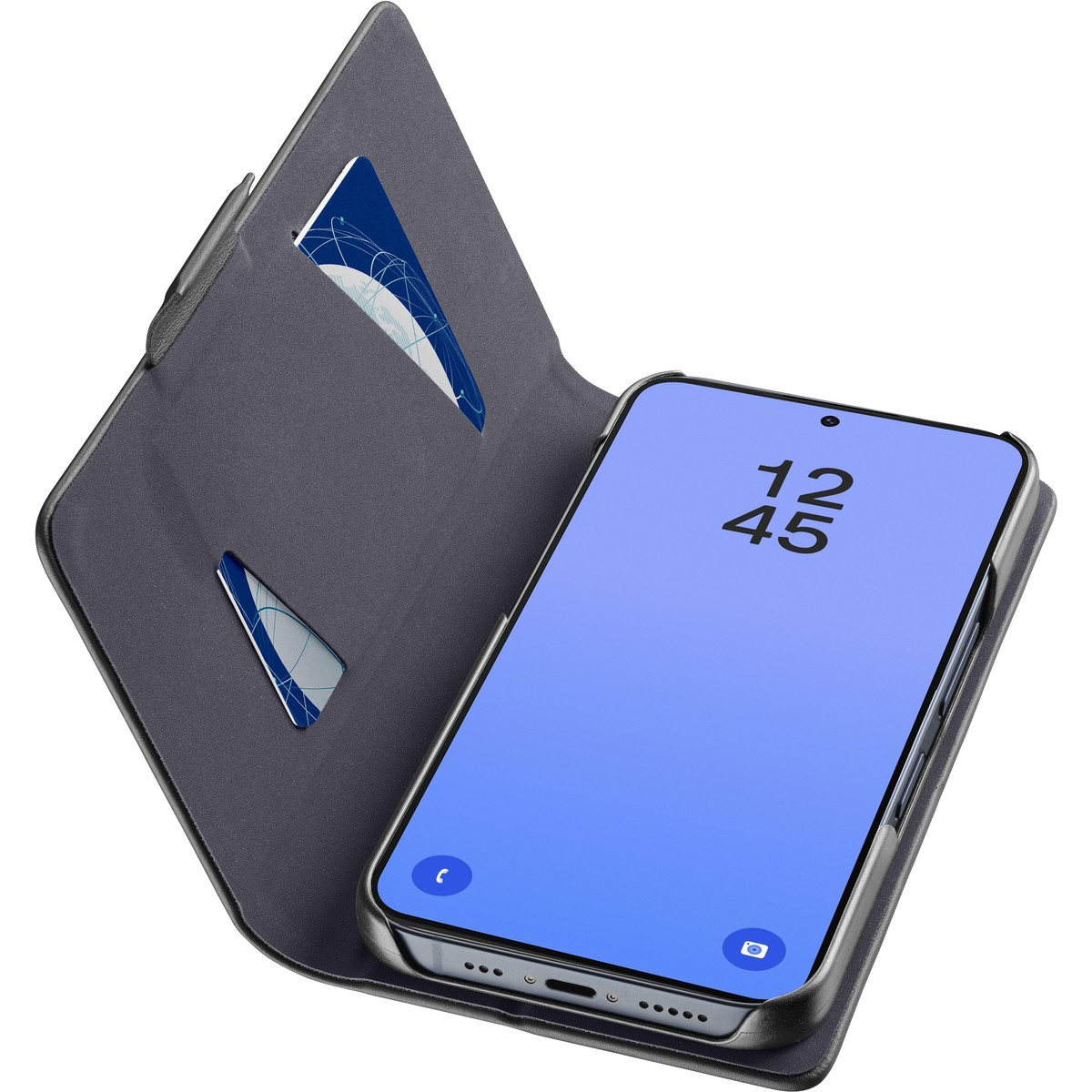 Una funda tipo libro gris oscuro con dos ranuras para tarjetas y pantalla azul.